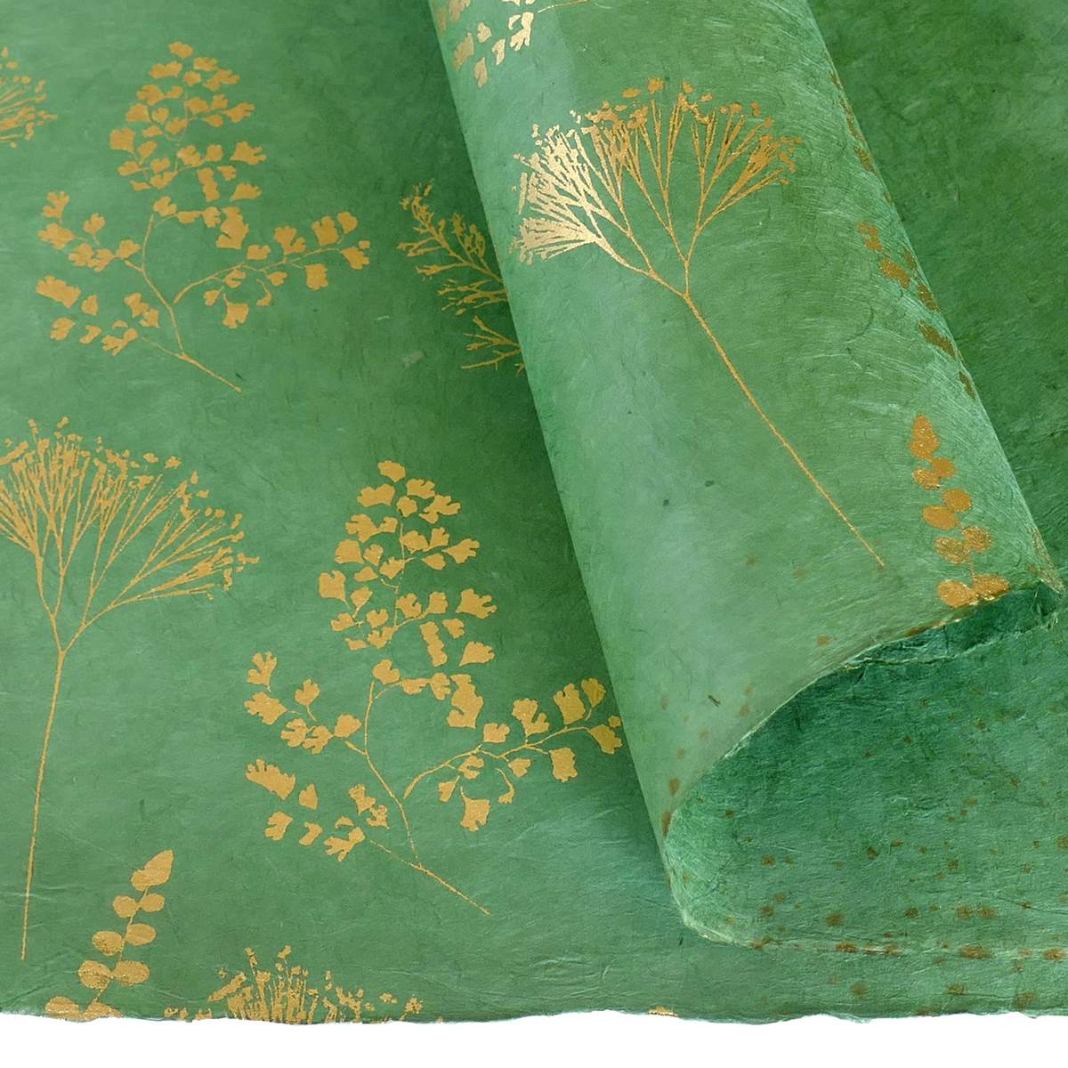 LAMALI Decorative Lokta Paper, 20 in x 30 in, Botanic, Green, Gold Silkscreen