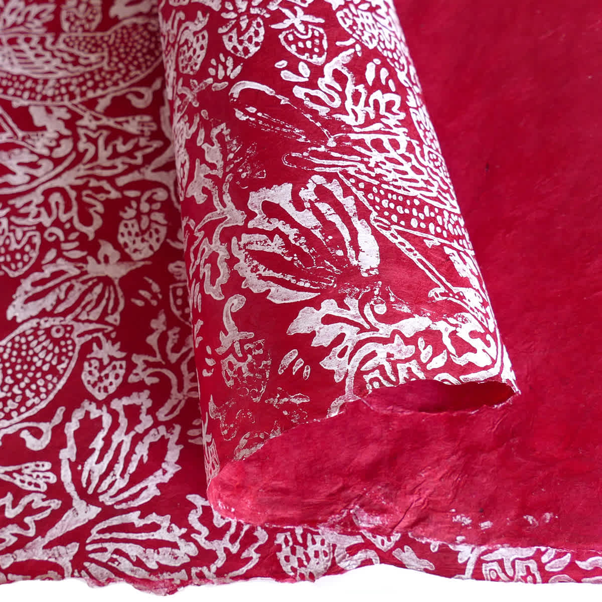 LAMALI Decorative Lokta Paper, 20 in x 30 in, Thrush & Strawberries, Sanguine, White Silkscreen