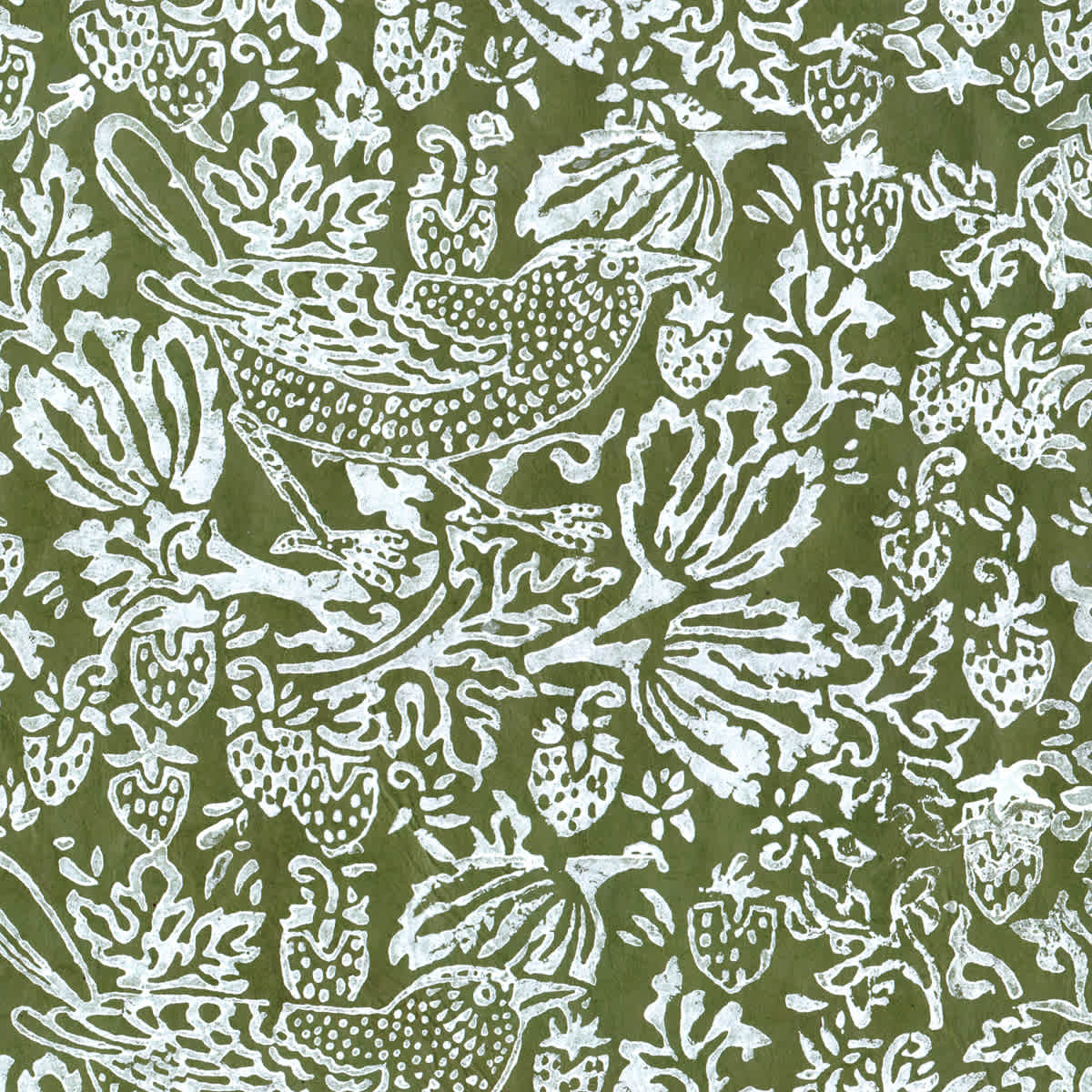 LAMALI Decorative Lokta Paper, 20 in x 30 in, Thrush & Strawberries, Avocado, White Silkscreen