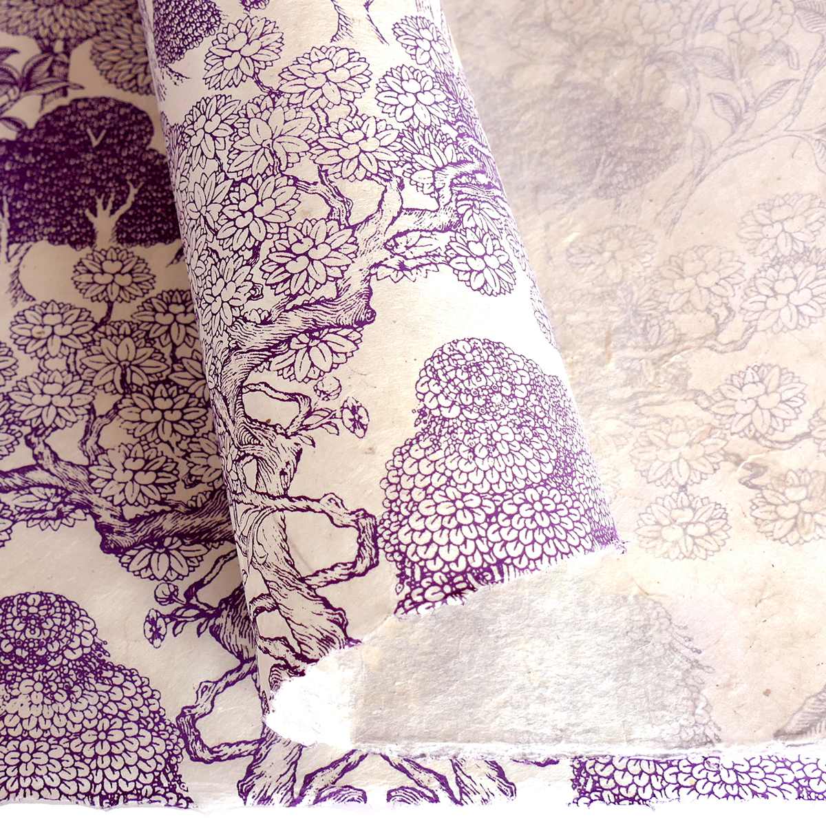 LAMALI Decorative Lokta Paper, 20 in x 30 in, Kongpo, White, Violet Silkscreen