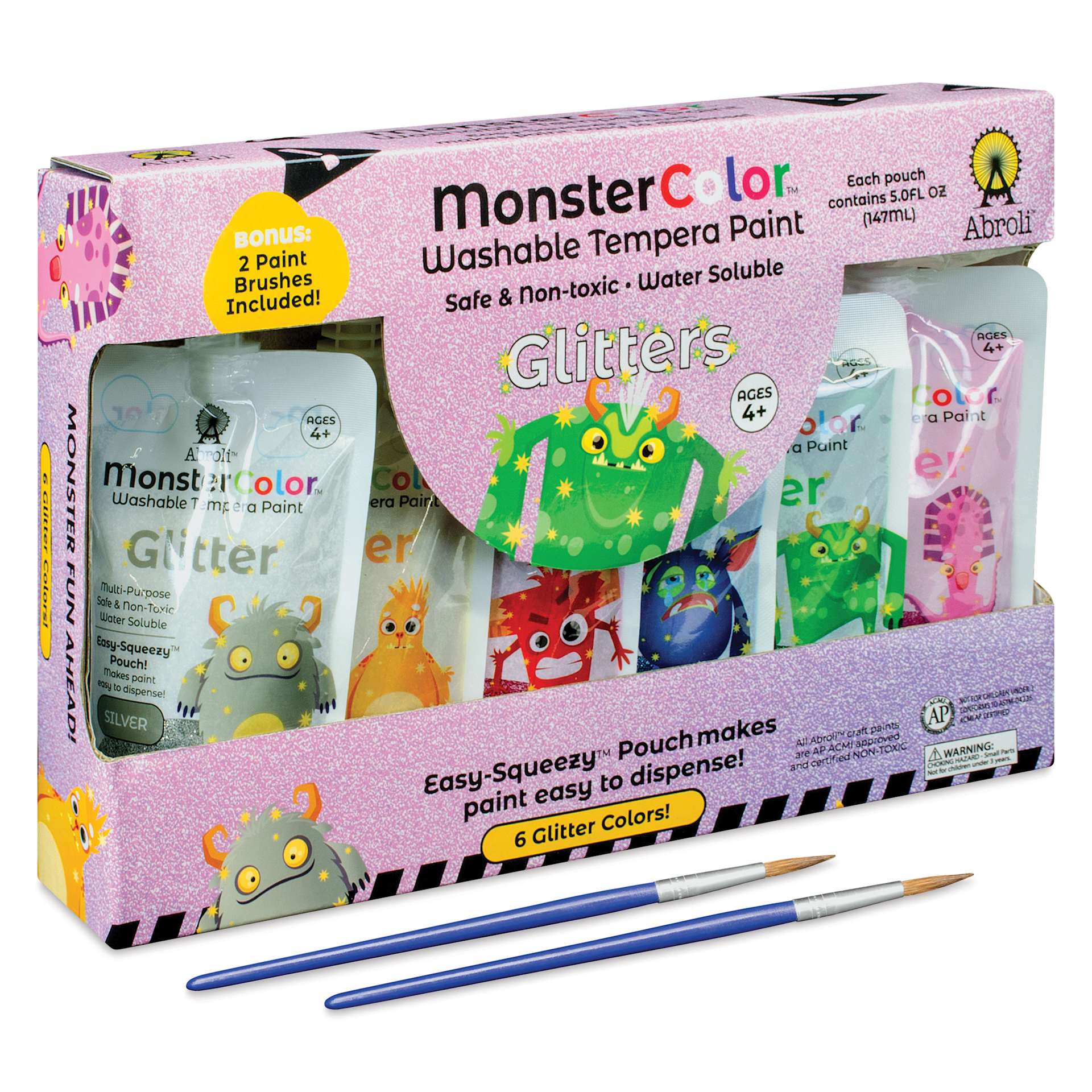 Abroli MonsterColor Washable Tempera Paint and Sets - Set of 8, Glitter, brushes out of packaging