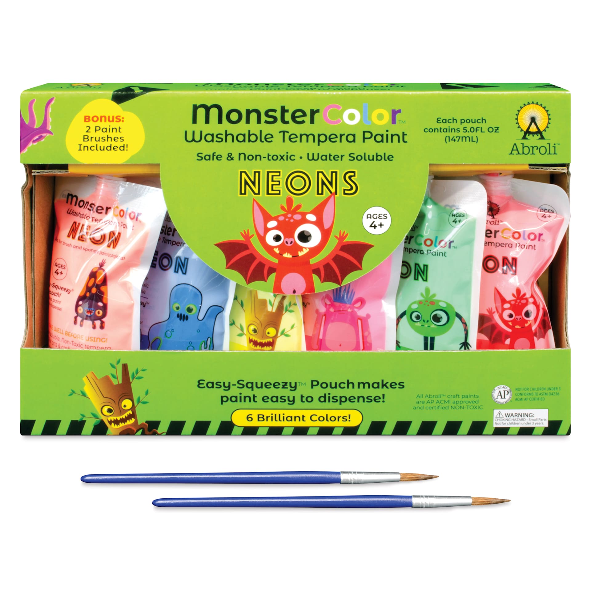 Abroli MonsterColor Washable Tempera Paint and Sets - Set of 8, Neon, two brushes out of packaging