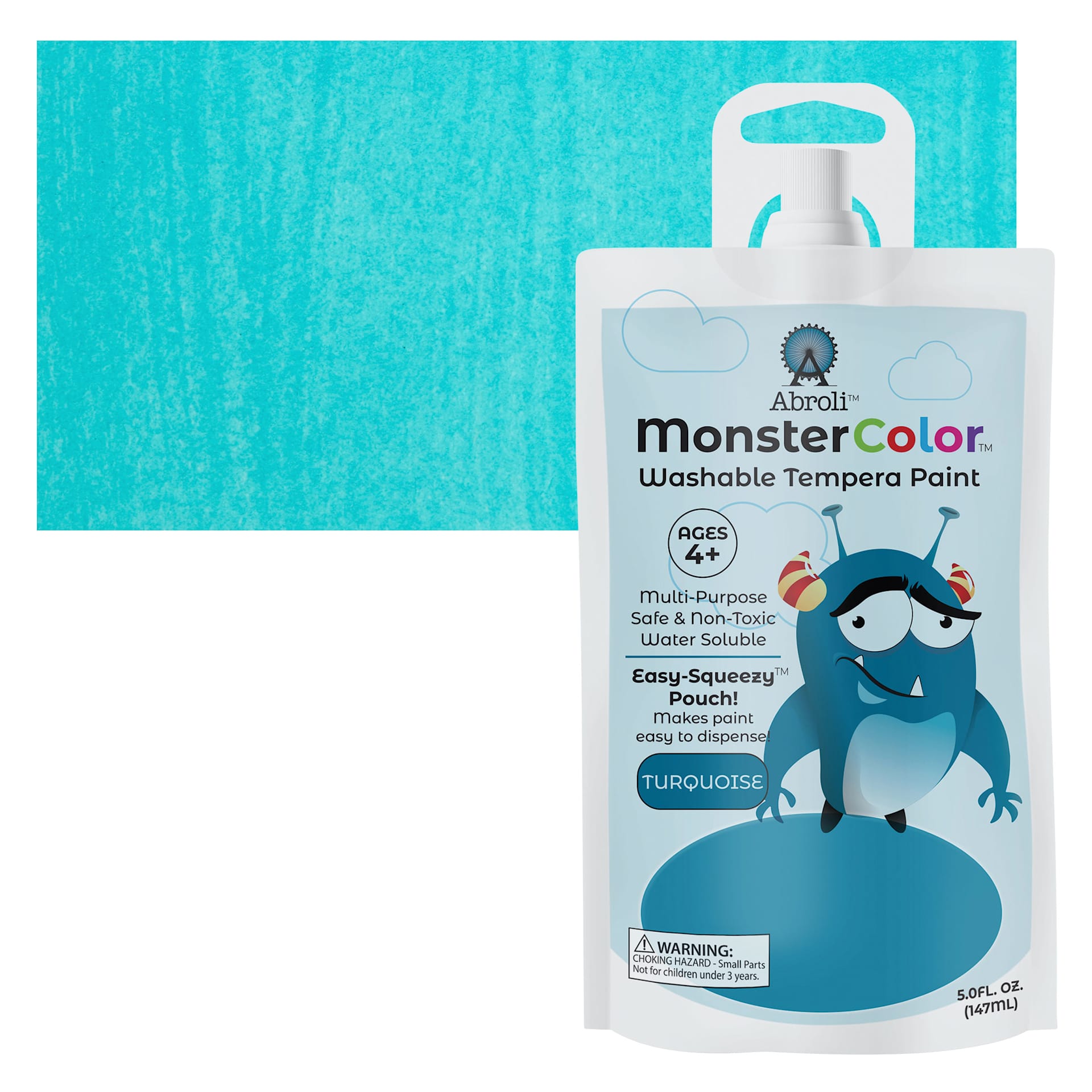 Abroli MonsterColor Washable Tempera Paint - Turquoise, 5 oz Pouch and swatch