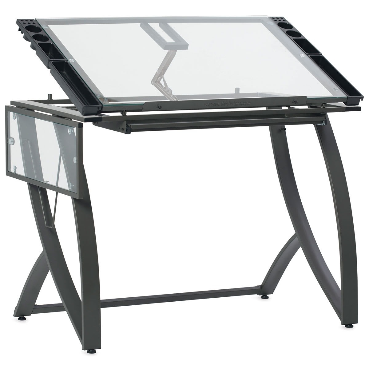 Studio Designs Futura Luxe Craft Table - Left Angle showing side shelf folded down and top tilted up