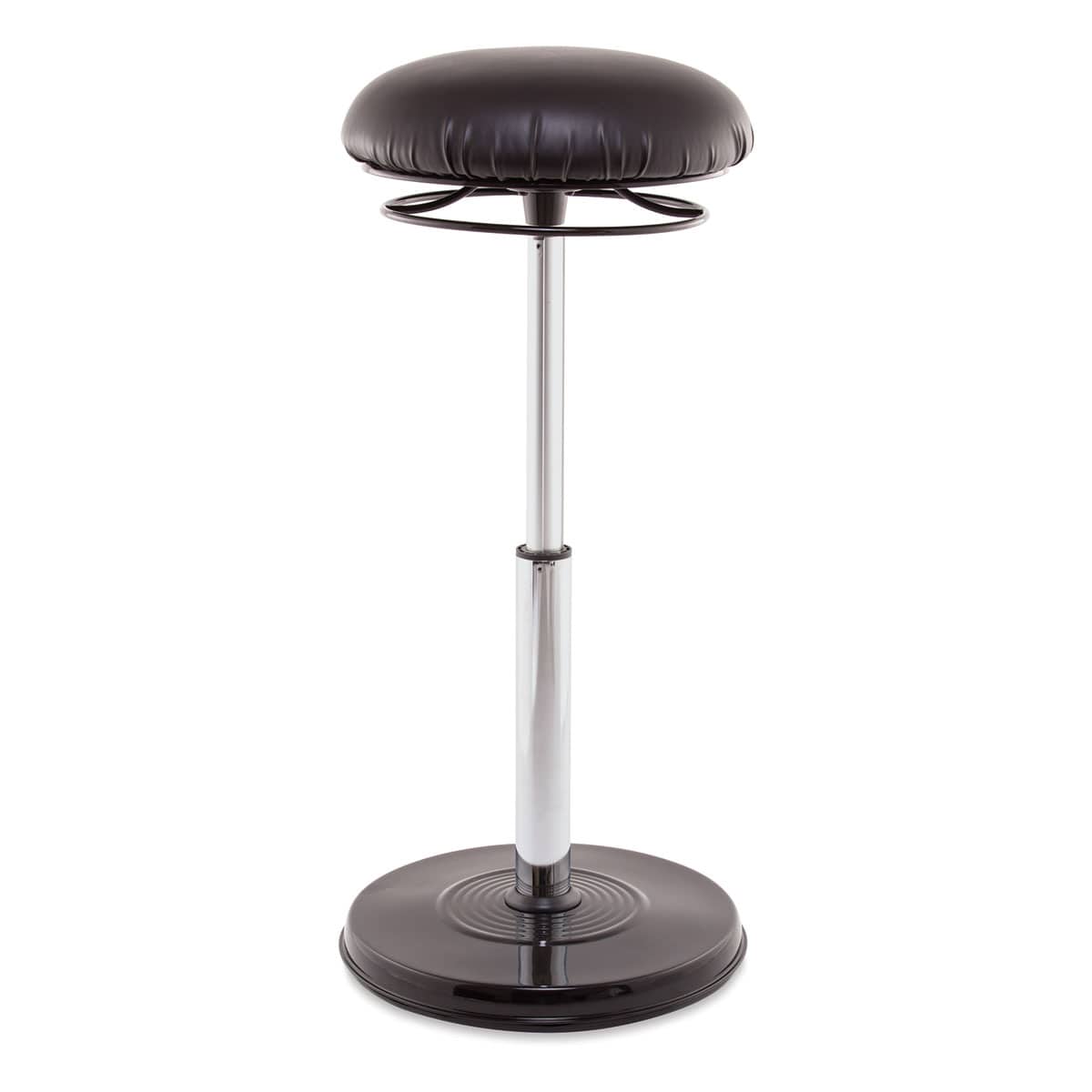 Kore Design Office Plus Sit-Stand Adjustable Chair - Leather-Like Seat Cover, Black, Shown at maximum height.