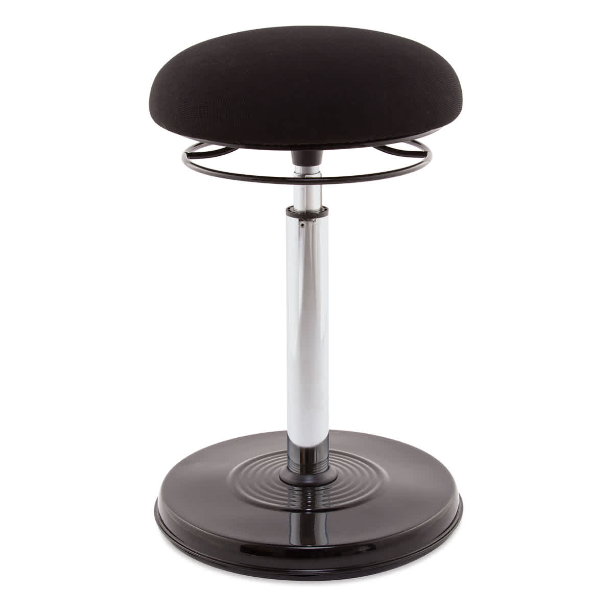 Kore Design Office Plus Sit-Stand Adjustable Chair - Fabric Seat Cover, Black, Shown at minimum height.