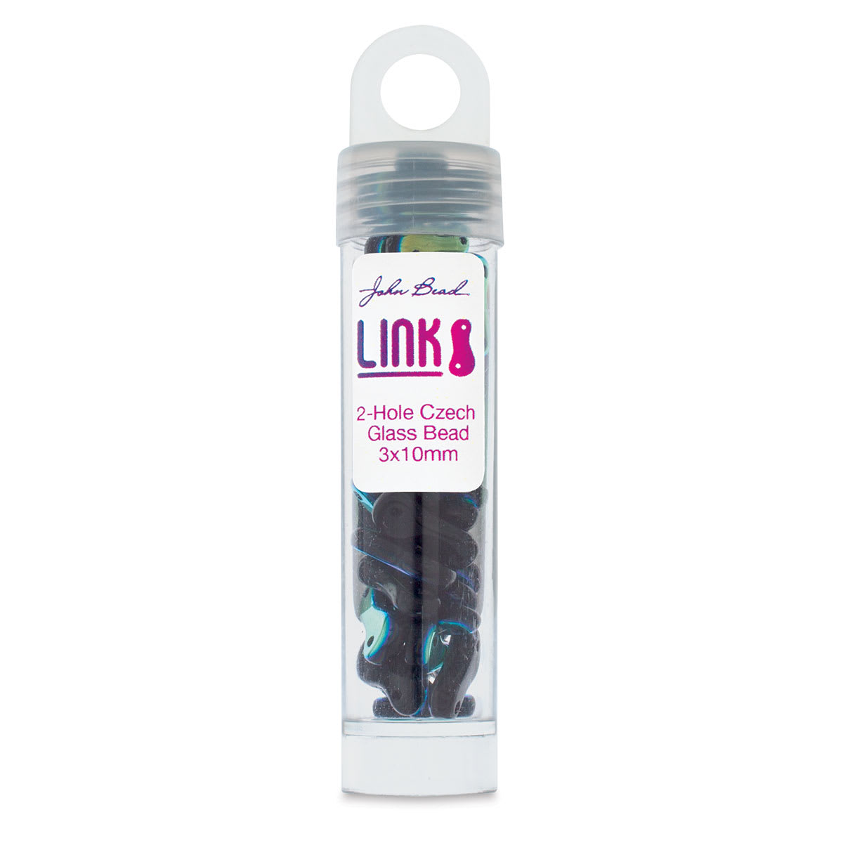 John Bead Czech Link Beads - Front of Tube of Black and Aurora Borealis beads