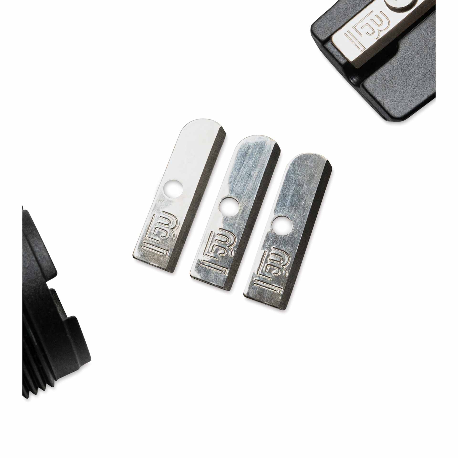 Blackwing One-Step Long Point Sharpener Replacement Blades - Pkg of 3 out of package shown with parts of sharpener