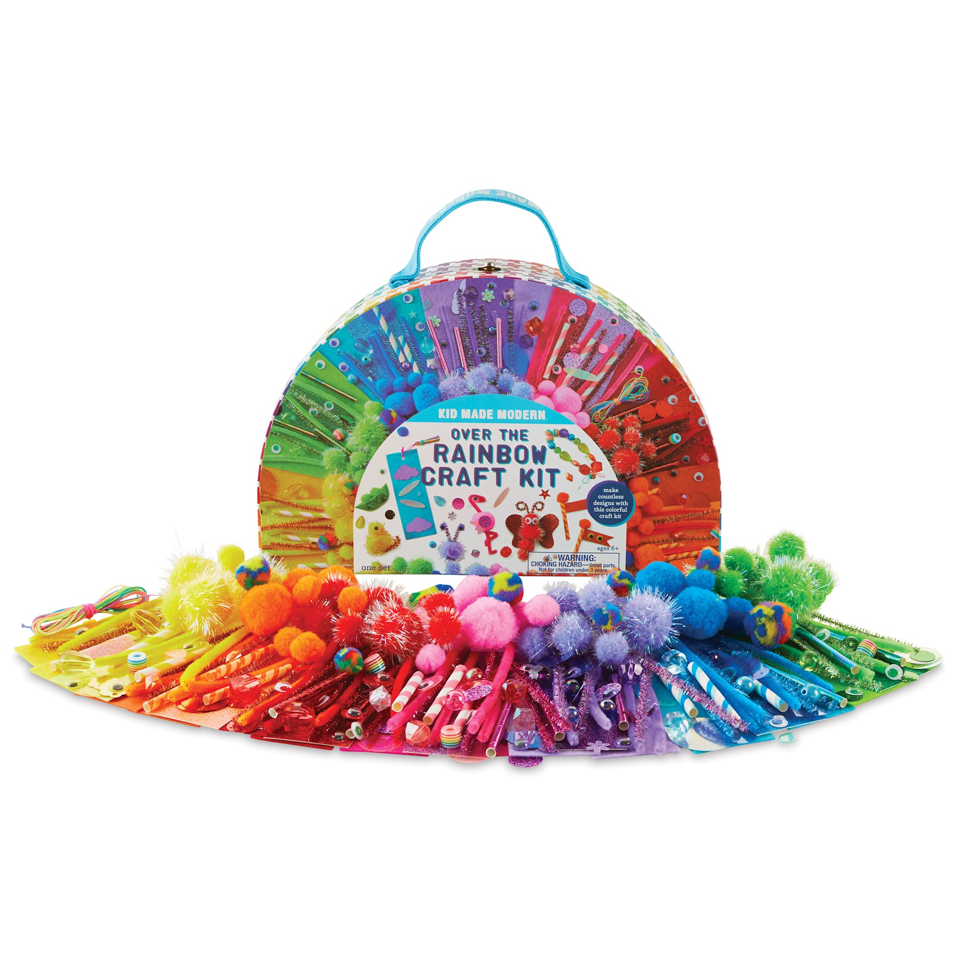 Kid Made Modern Over the Rainbow Craft Kit, contents laid out in front of the packaging. 