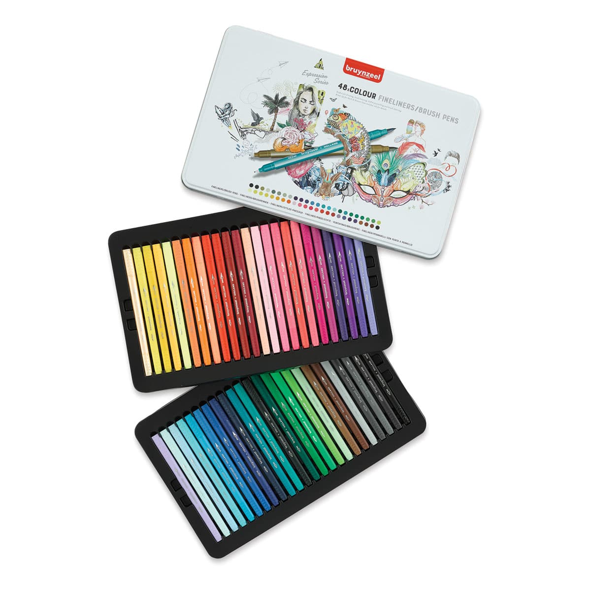 Bruynzeel Fineliner Brush Pens - Assorted, Set of 48