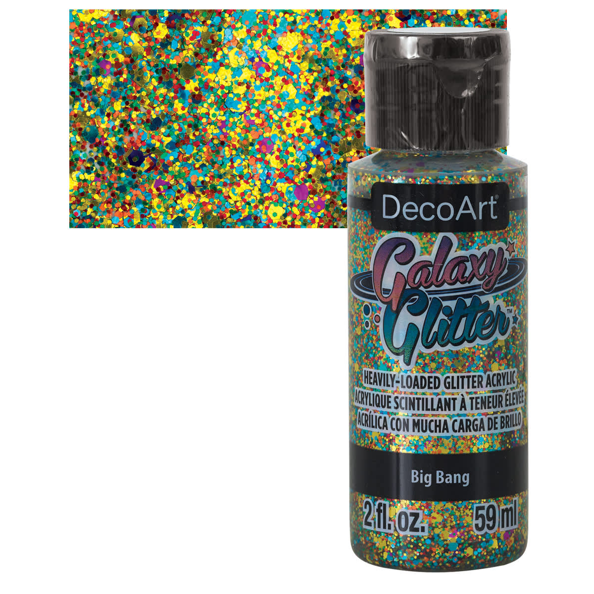 DecoArt Galaxy Glitter Paint - Big Bang, 2 oz  bottle and swatch
