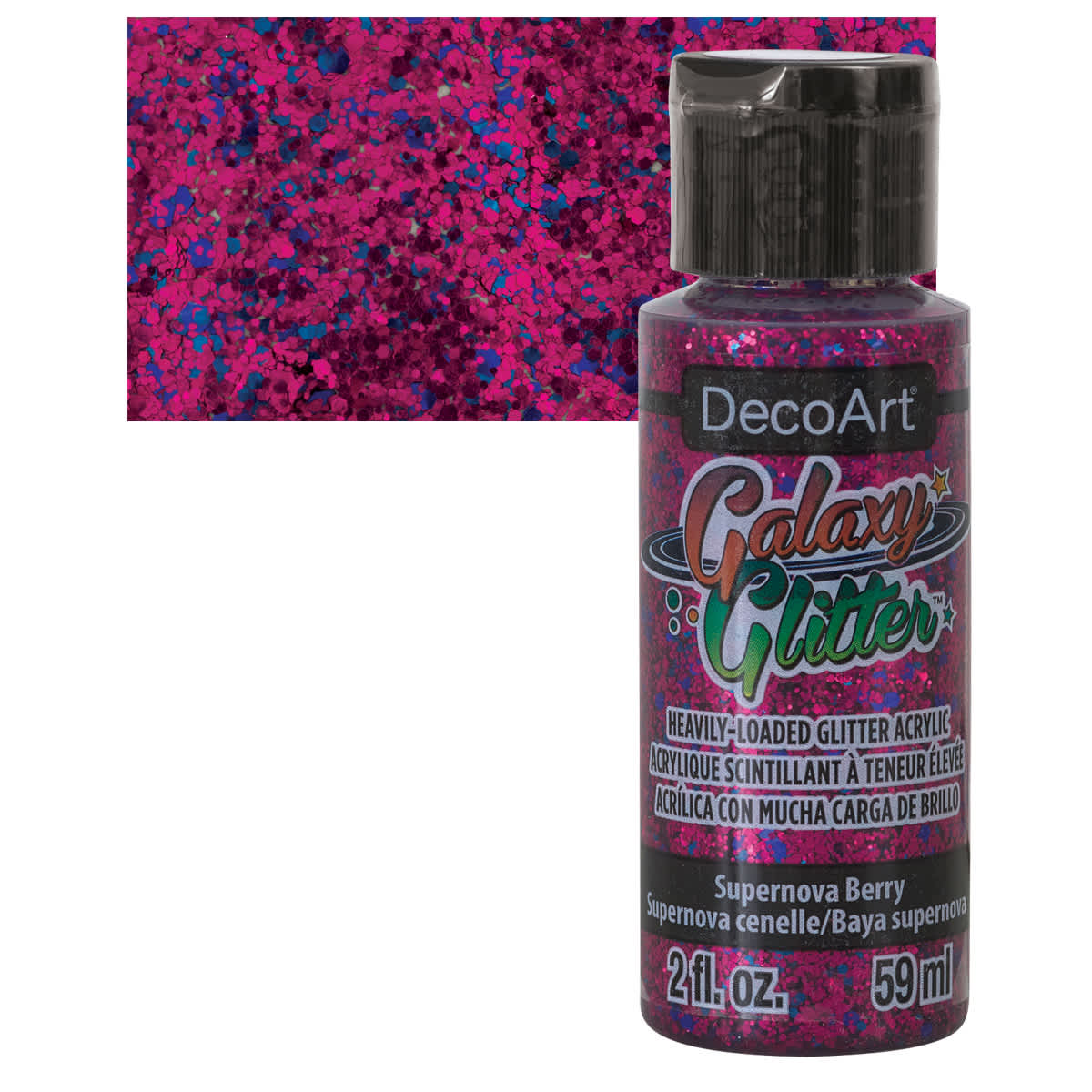 DecoArt Galaxy Glitter Paint - Supernova Berry, 2 oz bottle and swatch