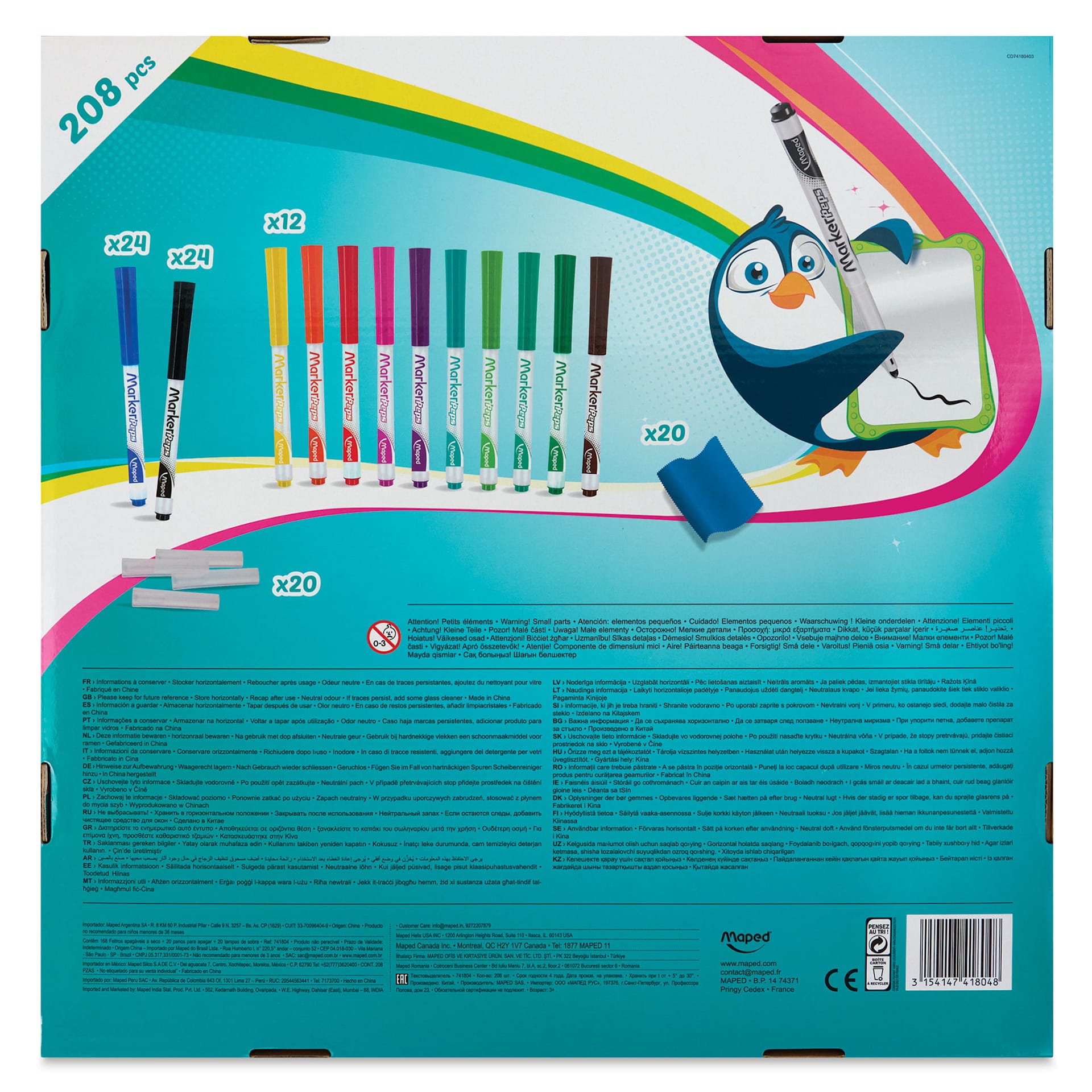 Maped Marker'Peps Dry Erase Marker Set - School Pack, Fine Tip, Assorted, Set of 208, back of packaging