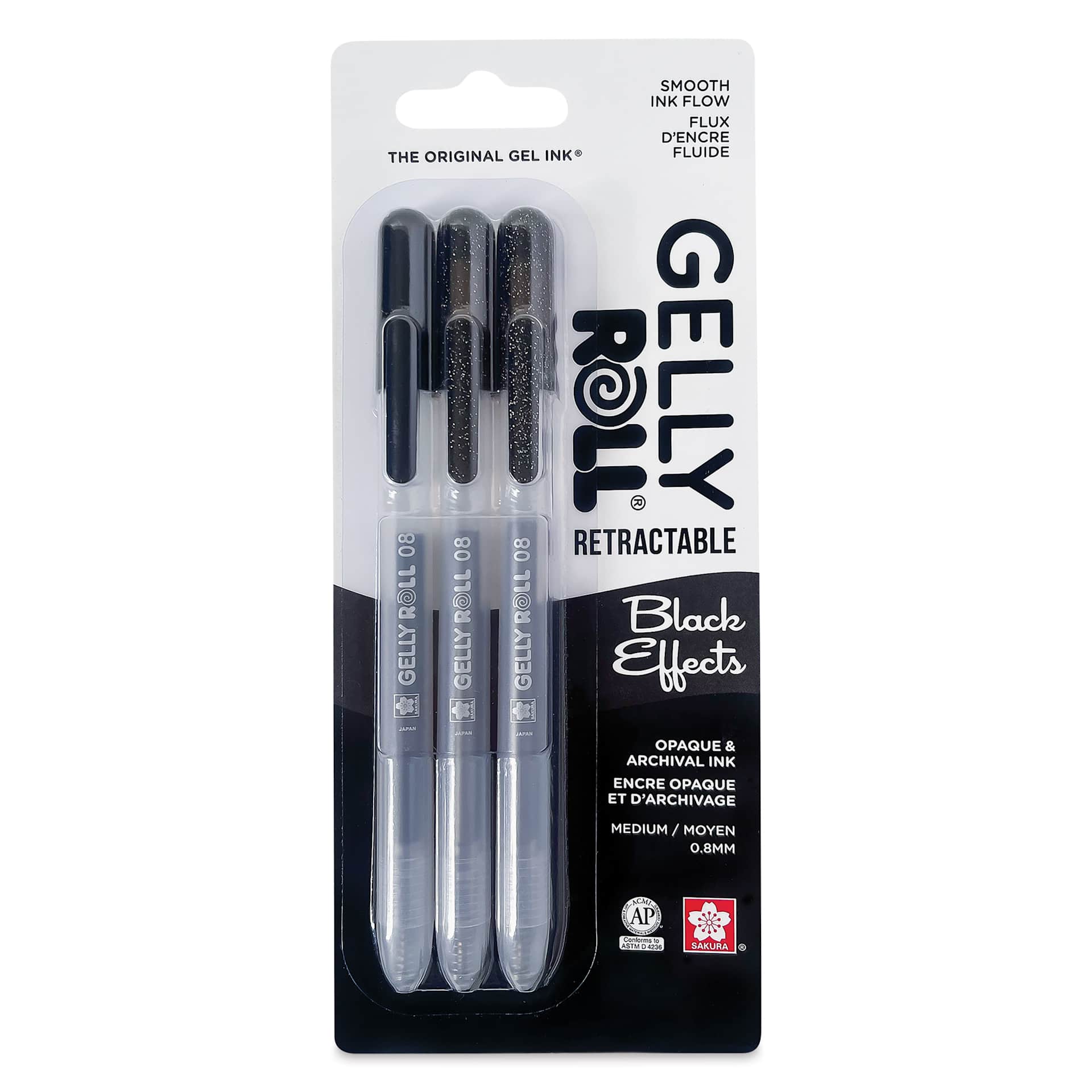 Sakura Gelly Roll Retractable Effects Pens - Black Effects, Set of 3, front of the packaging