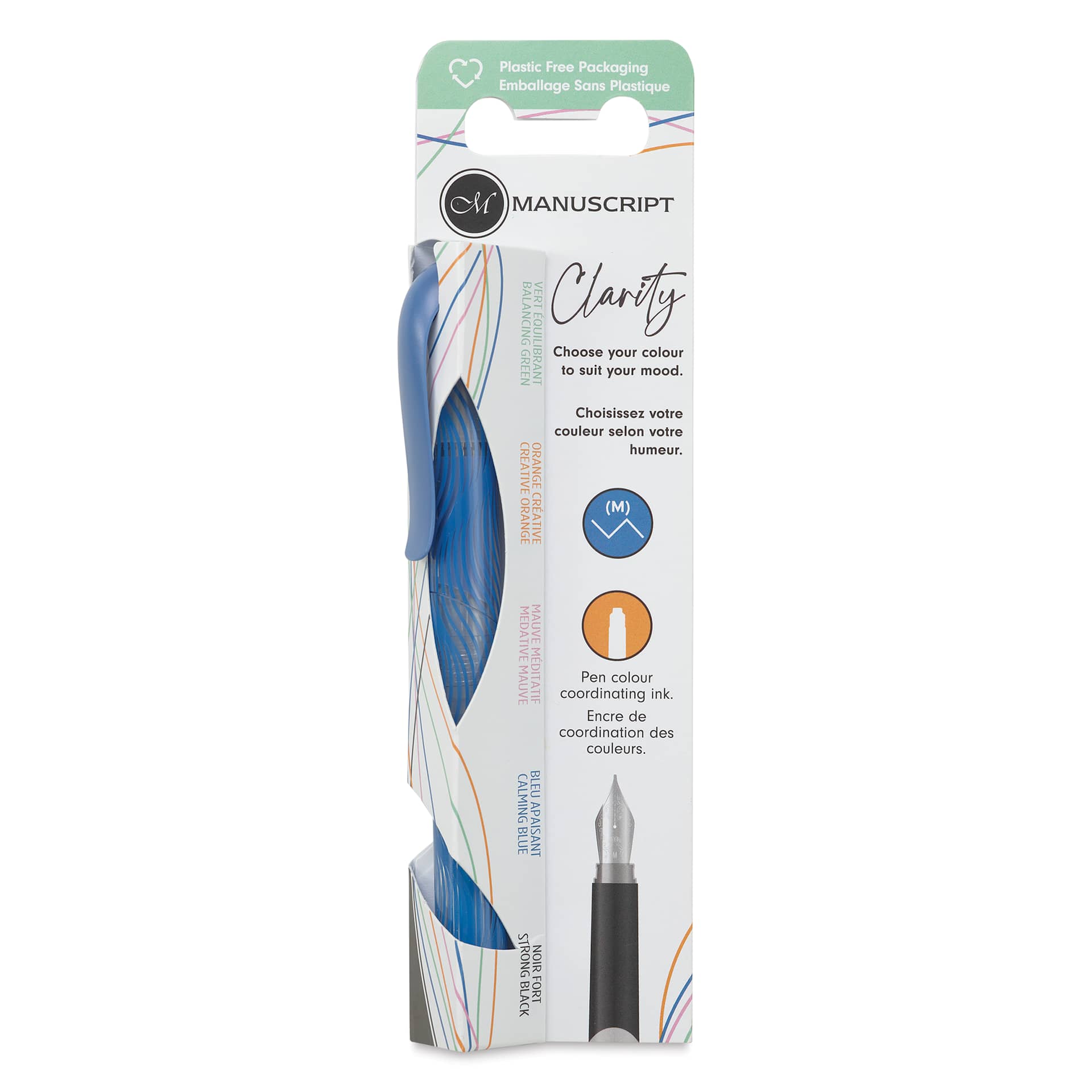 Manuscript Clarity Fountain Pen - Iridium Nib, Calming Blue, front of packaging