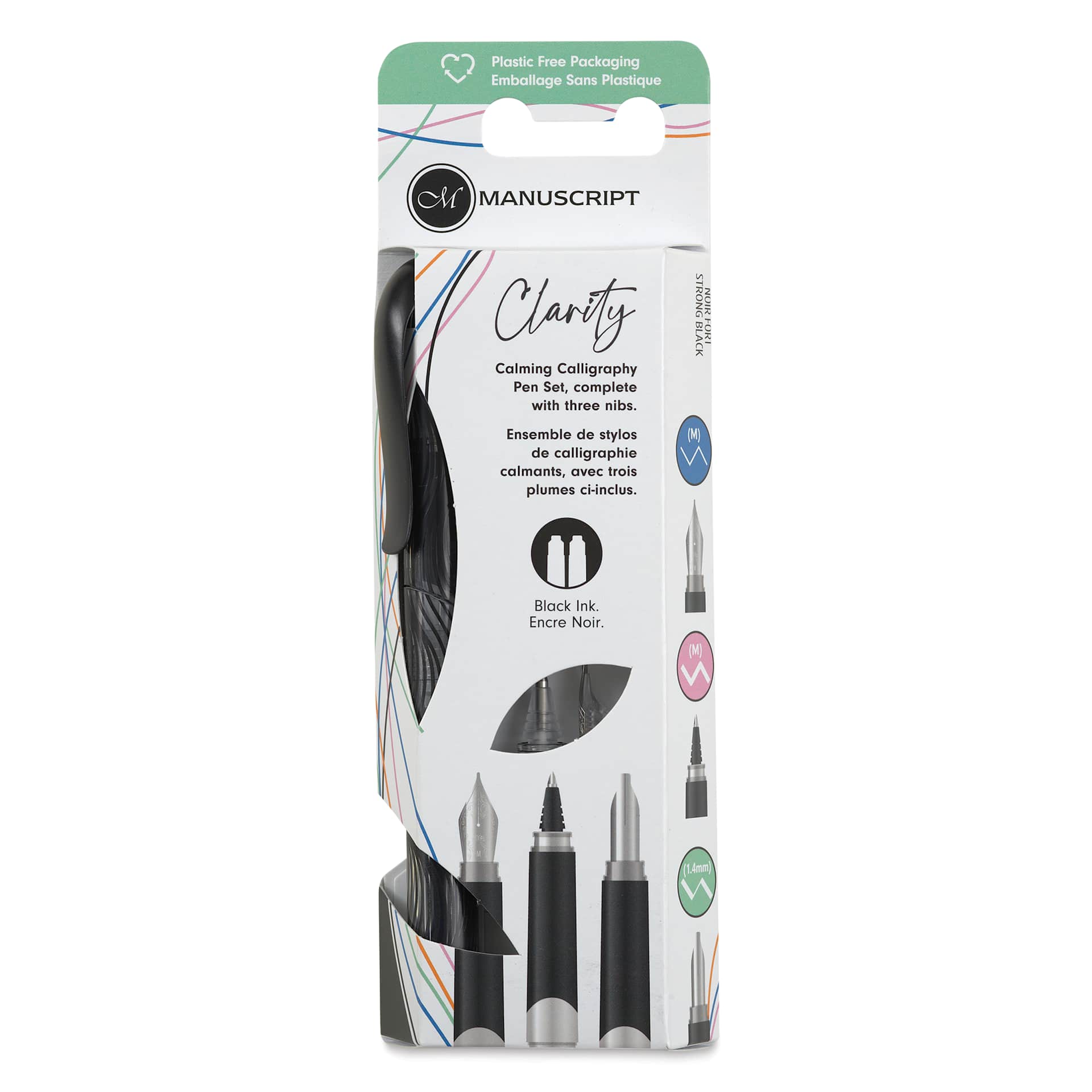 Manuscript Clarity Fountain Pen Set - Assorted Nibs, Set of 6, Strong Black, front of packaging