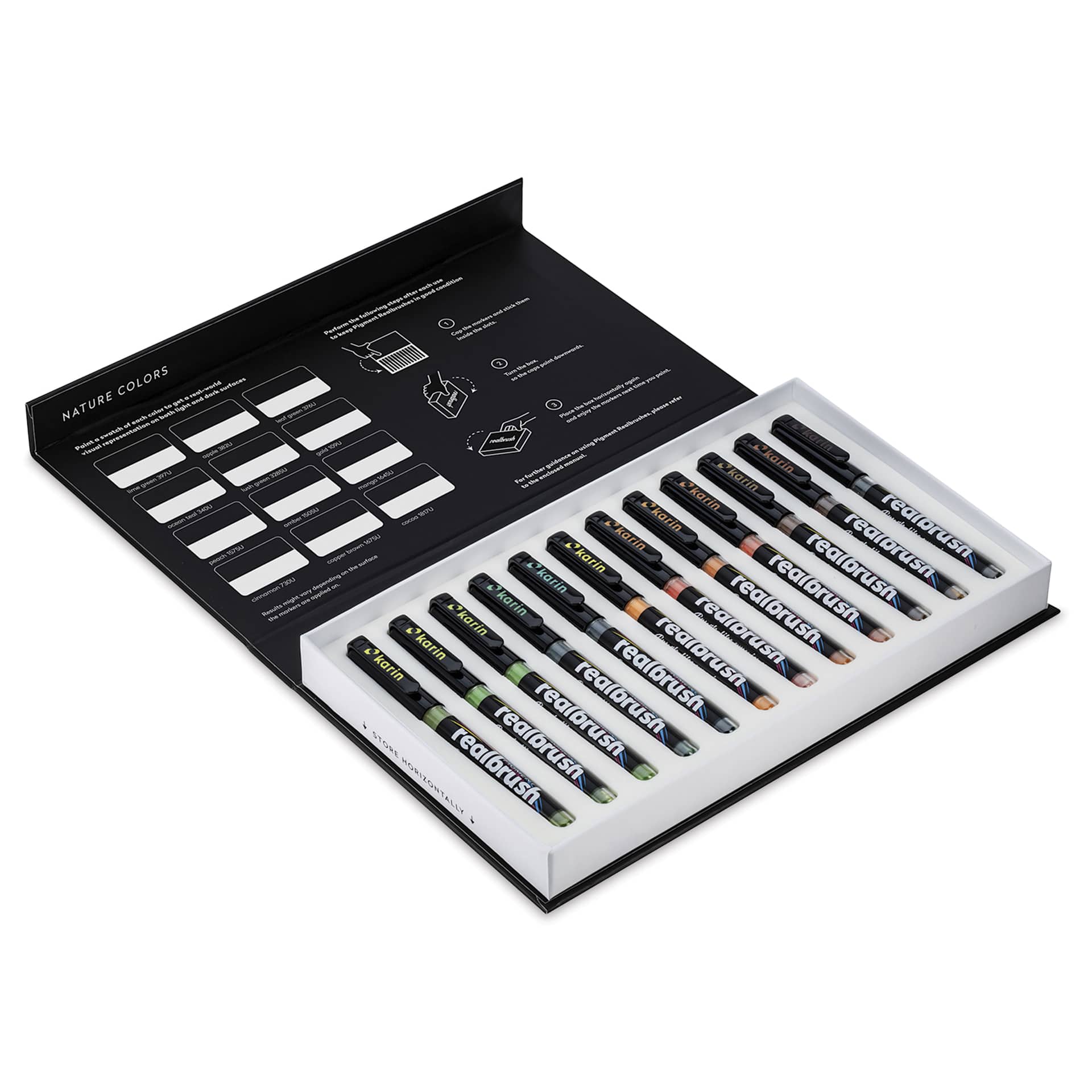 Karin Realbrush Pigment Markers - Nature Colors, Set of 12, markers shown inside box with lid open