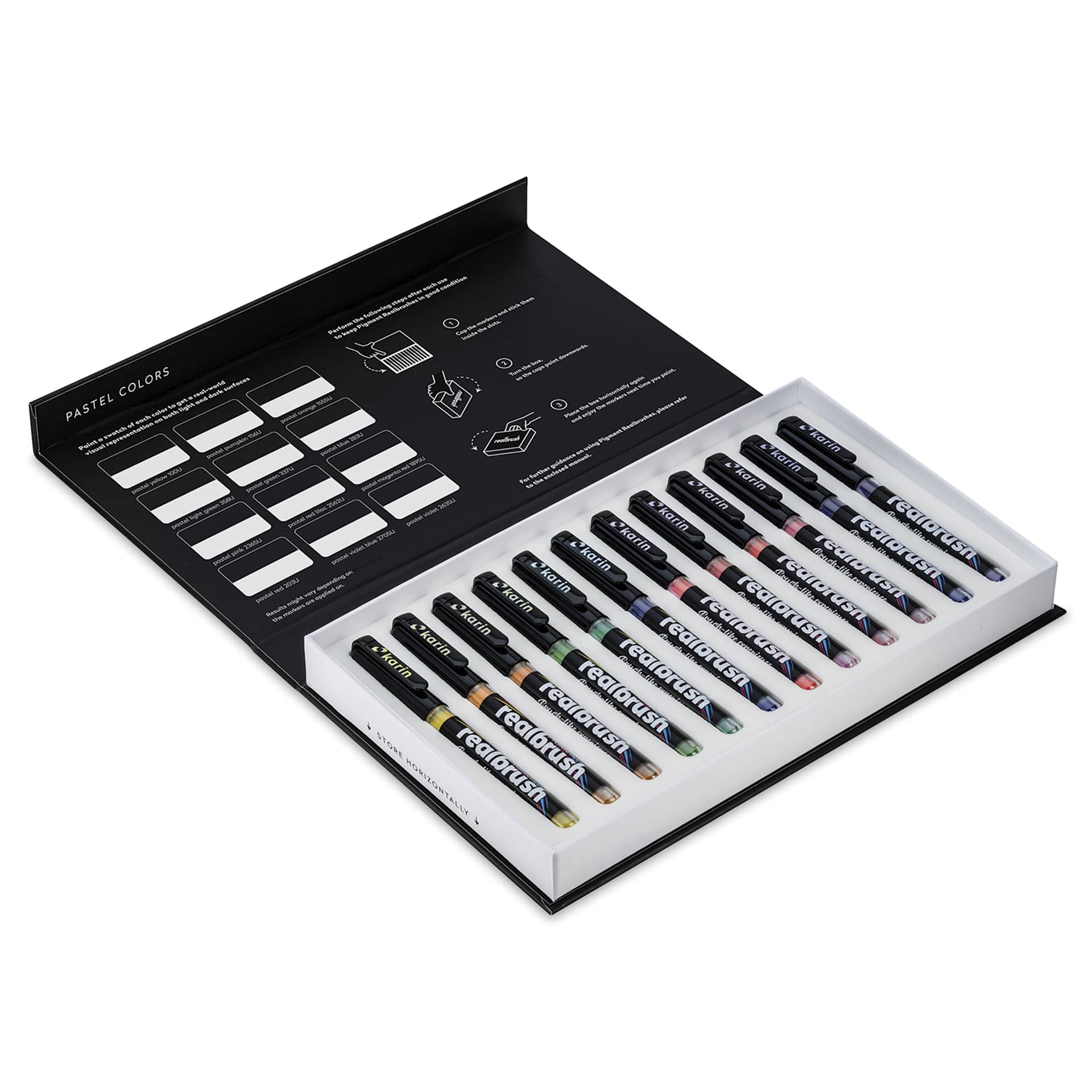 Karin Realbrush Pigment Markers - Pastel Colors, Set of 12, markers shown inside box with lid open