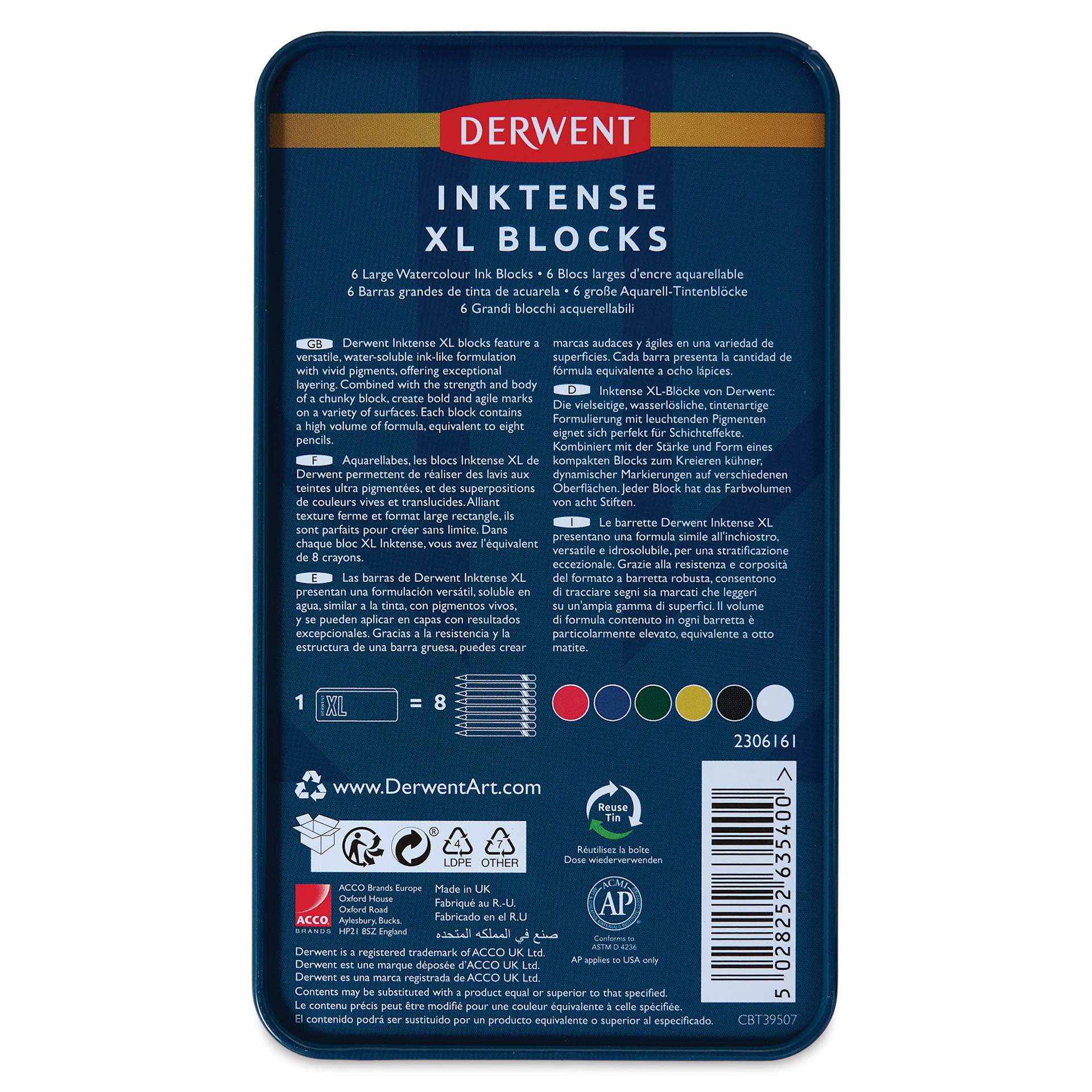 Derwent Inktense XL Blocks - Assorted, Set of 6, back of the tin packaging