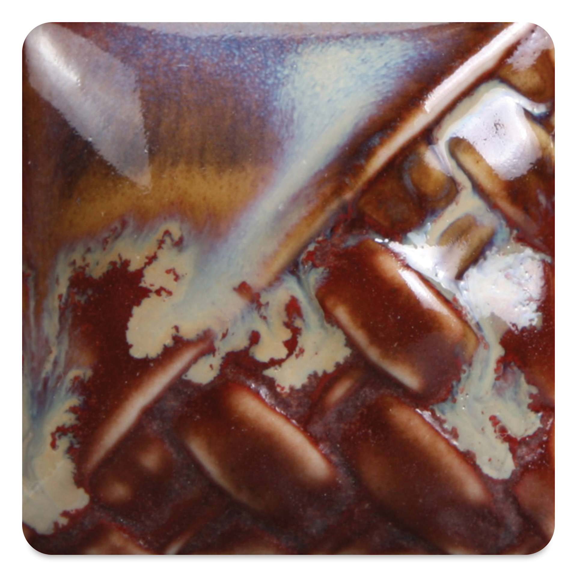 Mayco Stoneware Flux Glaze - Dark fired at cone 10 reduction, chips shown over SW-119 Cinnabar