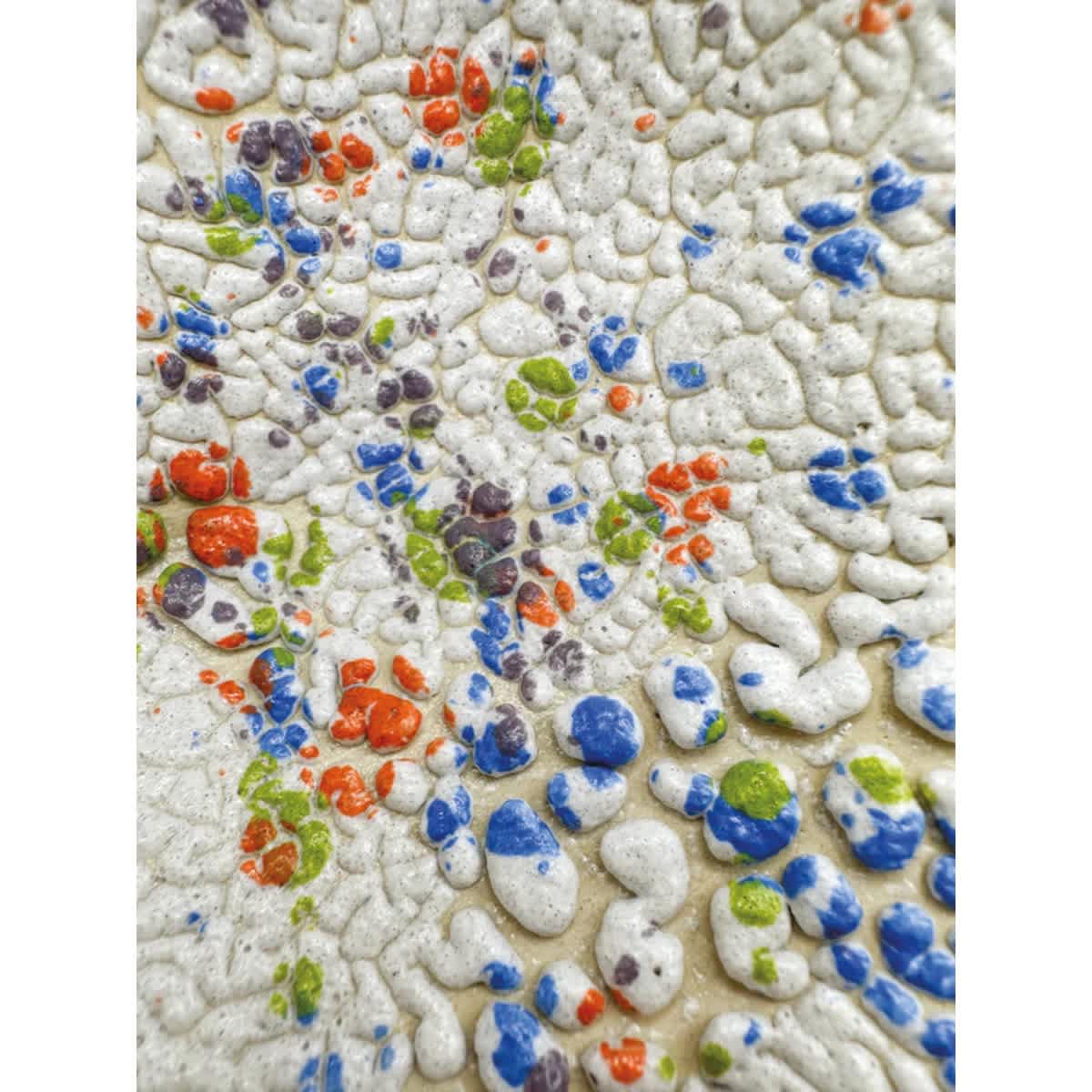 Ritual Glaze Moon Rocks Glaze - finished example with orange, green, blue, and grey glazes - close-up