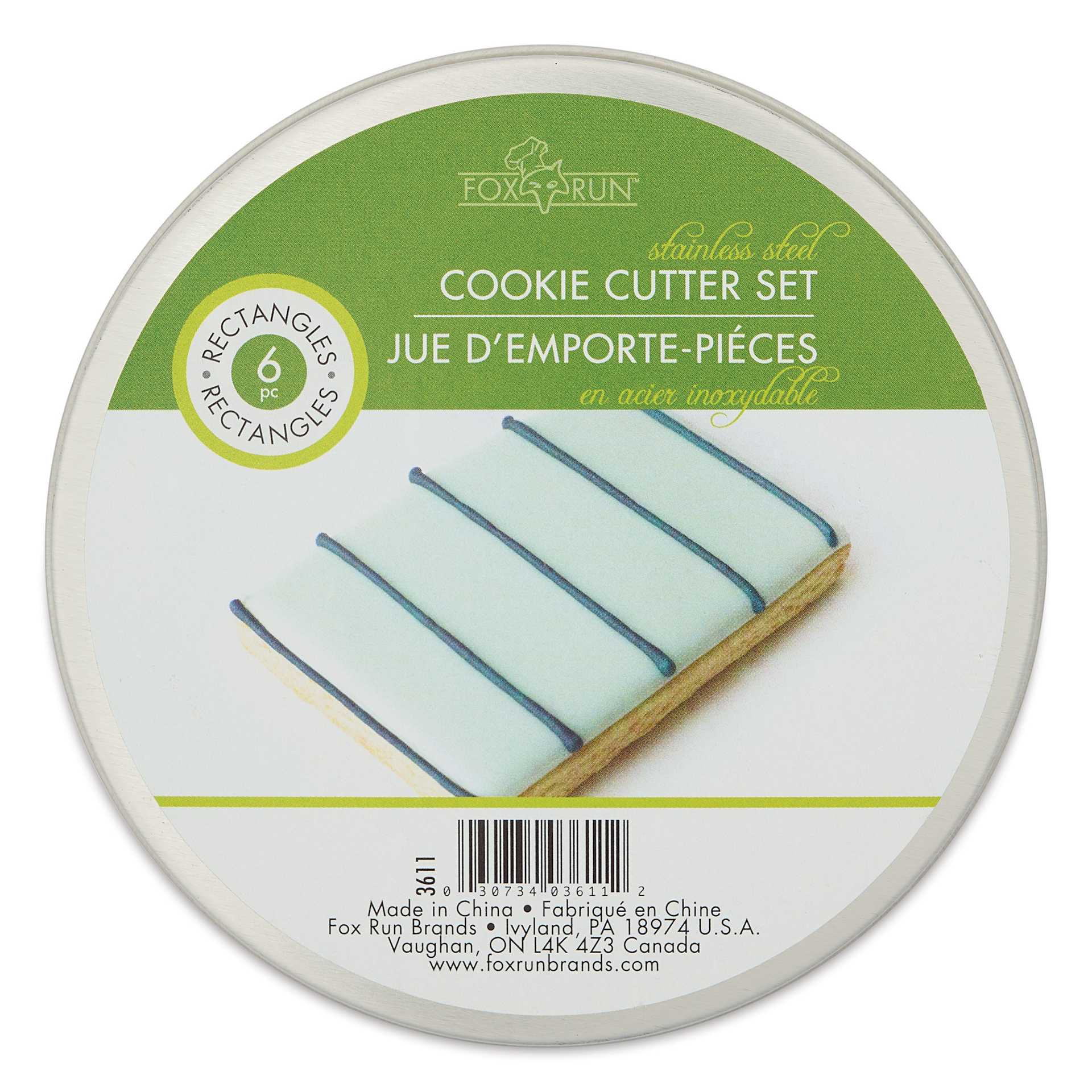 Fox Run Stainless Steel Cookie Cutters - Set of 6, Rectangles front of packaging