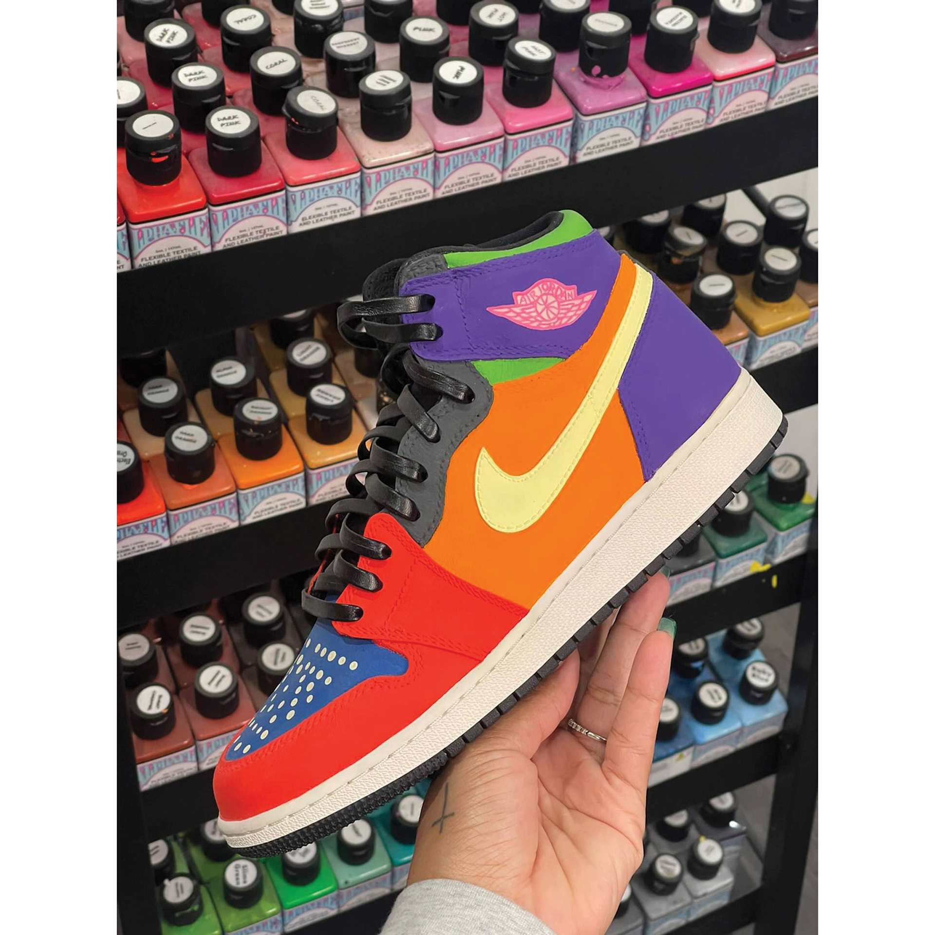 Alpha6 AlphaFlex Textile and Leather Paints, painted shoes in hand