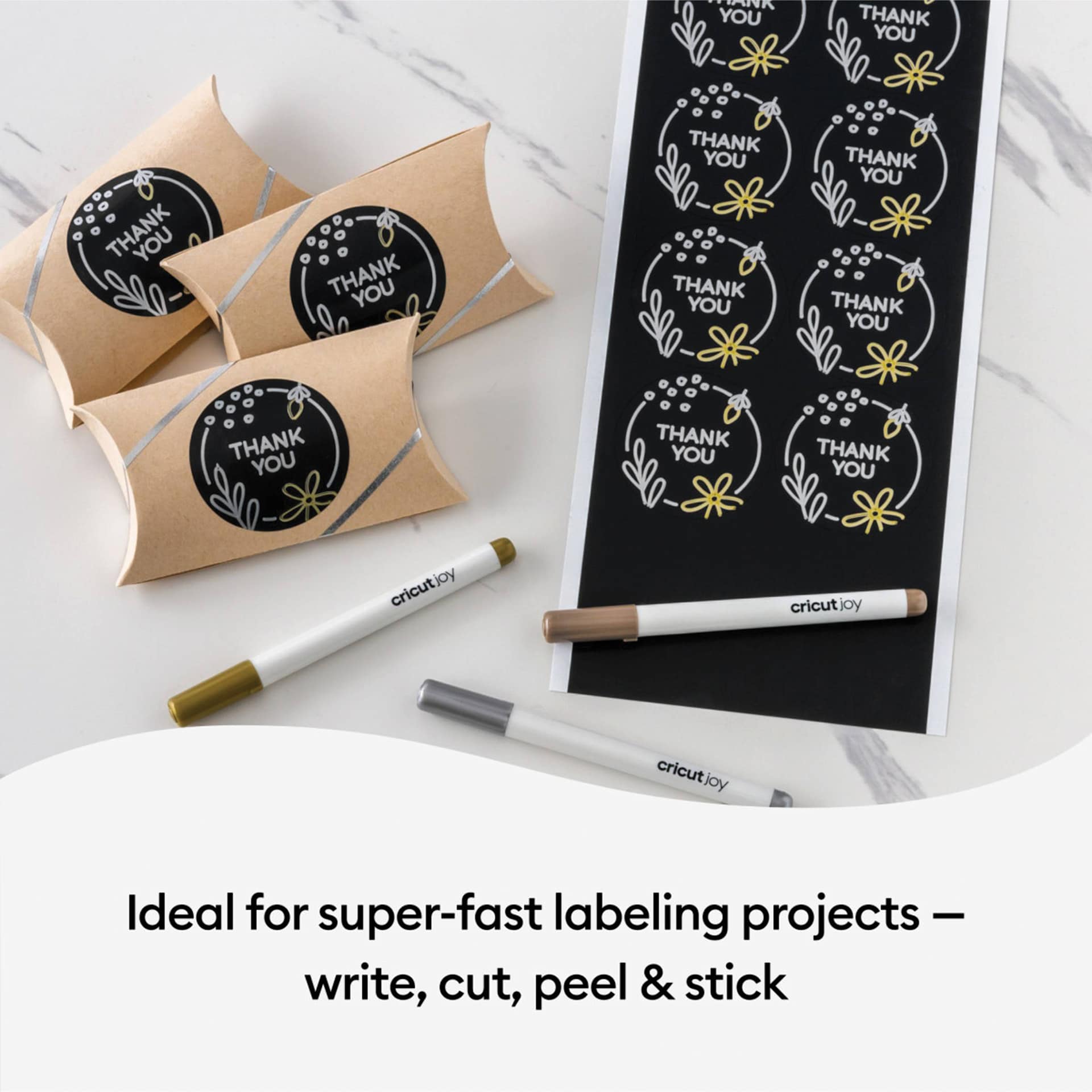 Cricut Joy Removable Smart Label Writable Vinyl - Black, sample of peel and stick labels laid out