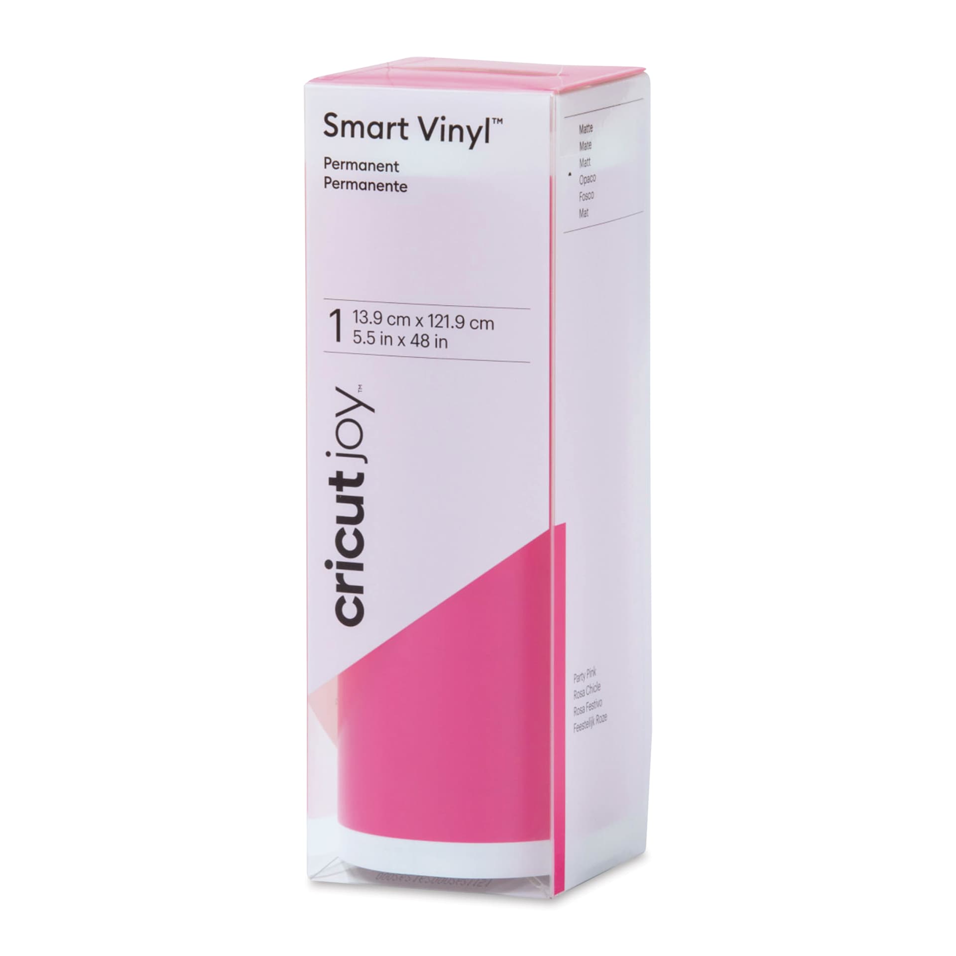 Cricut Joy Permanent Smart Vinyl - Party Pink, Matte, 5-1/2" x 48", roll inside of the packaging