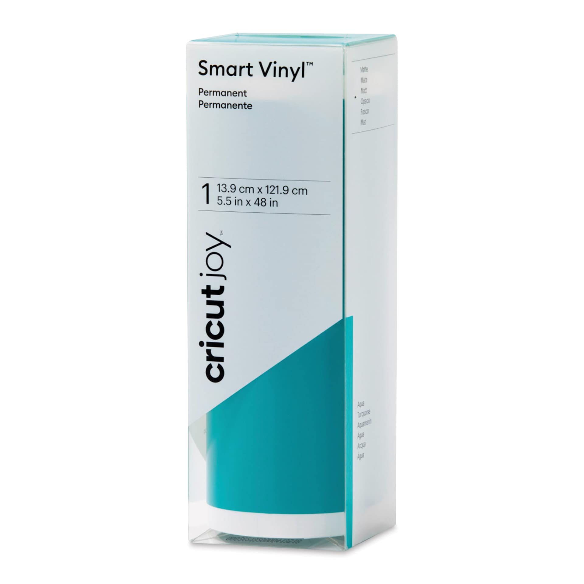 Cricut Joy Permanent Smart Vinyl - Aqua, 5-1/2" x 48", roll inside of the packaging