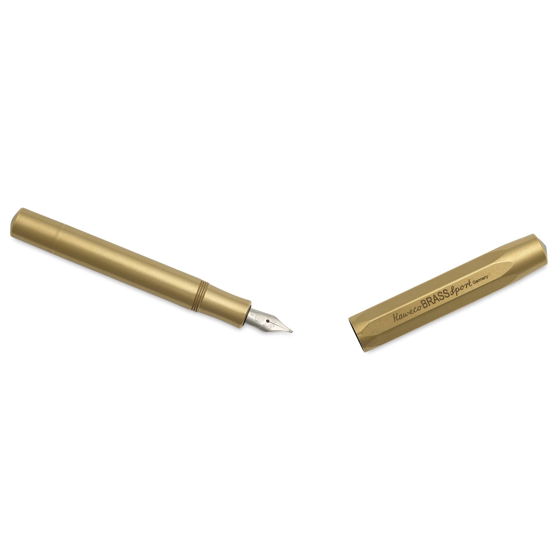 Kaweco Brass Sport Fountain Pen - Broad Nib, Blue Ink - pen and cap