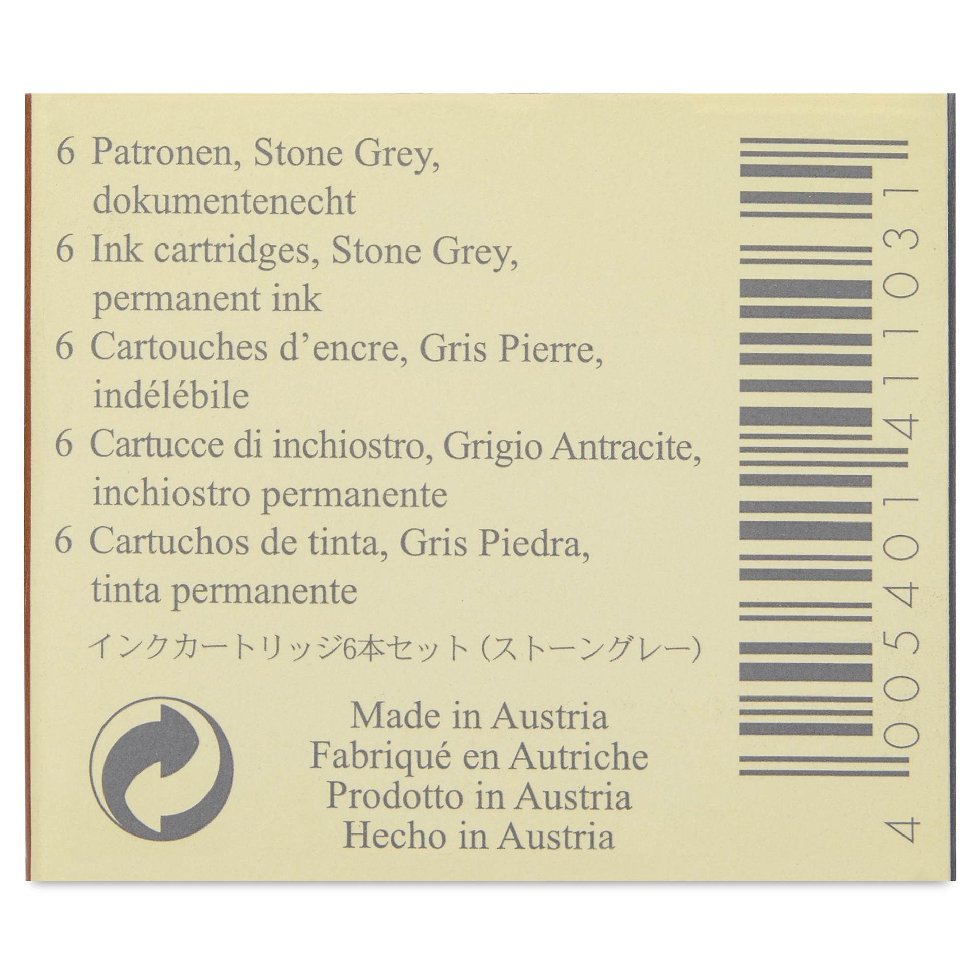 Graf von Faber-Castell Fountain Pen Cartridges - Stone Grey, Pkg of 6 - back of packaging