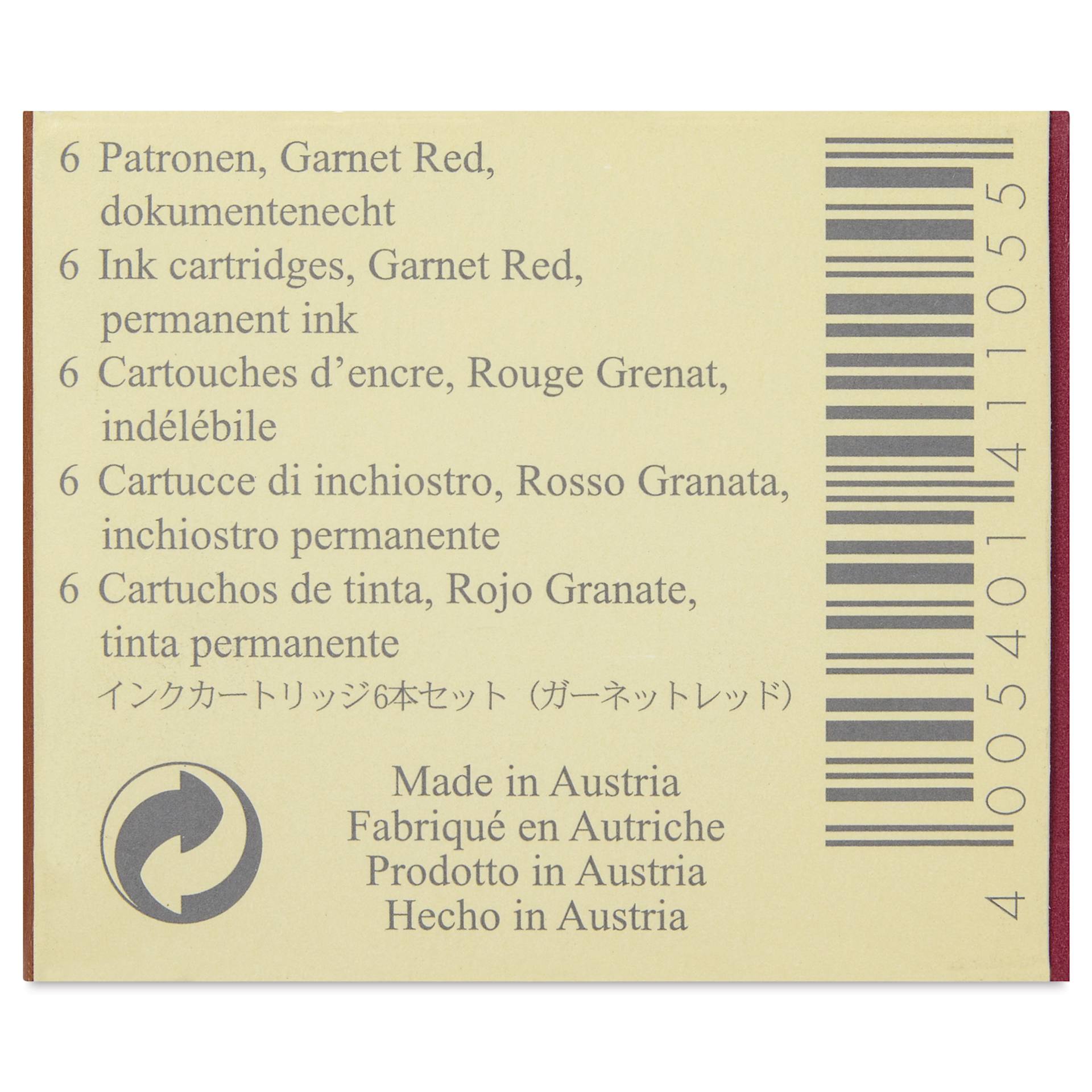 Graf von Faber-Castell Fountain Pen Cartridges - Garnet Red, Pkg of 6 - back of packaging