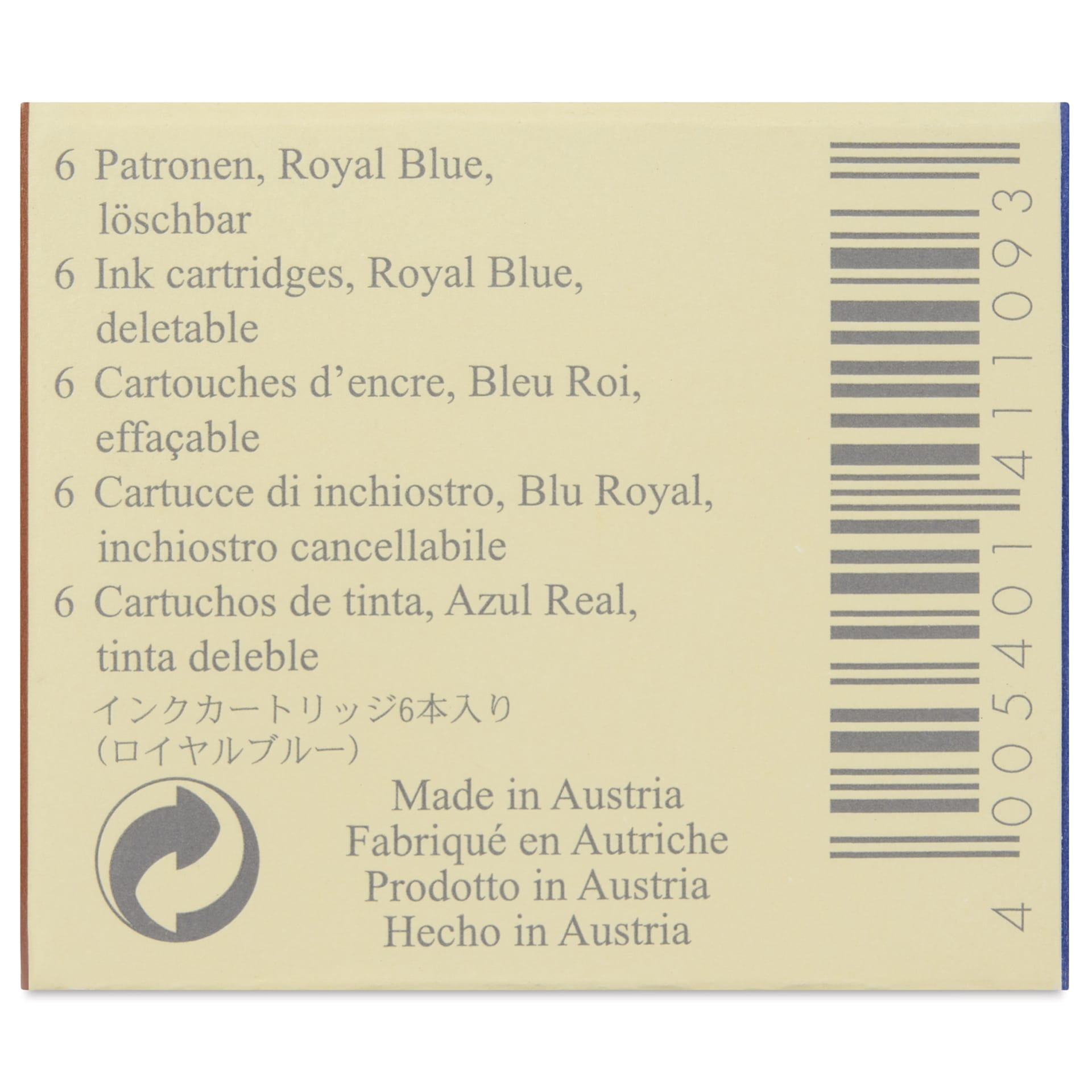 Graf von Faber-Castell Fountain Pen Cartridges - Royal Blue, Pkg of 6 - back of packaging