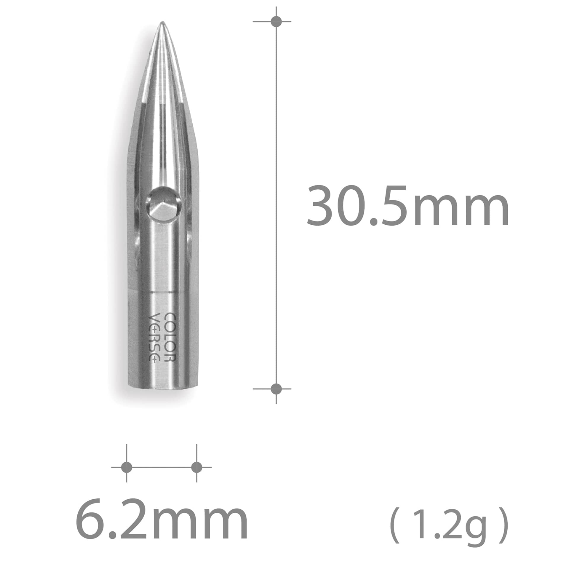 Colorverse Shuttle Dip Pen Nib - Aluminum, dimensions of the nib shown