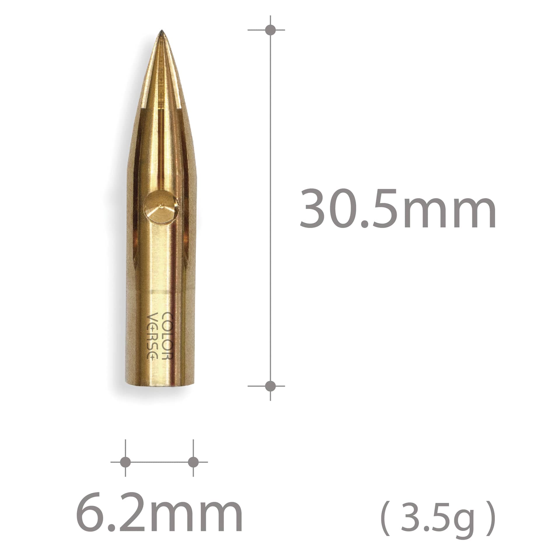 Colorverse Shuttle Dip Pen Nib - Brass, dimensions shown