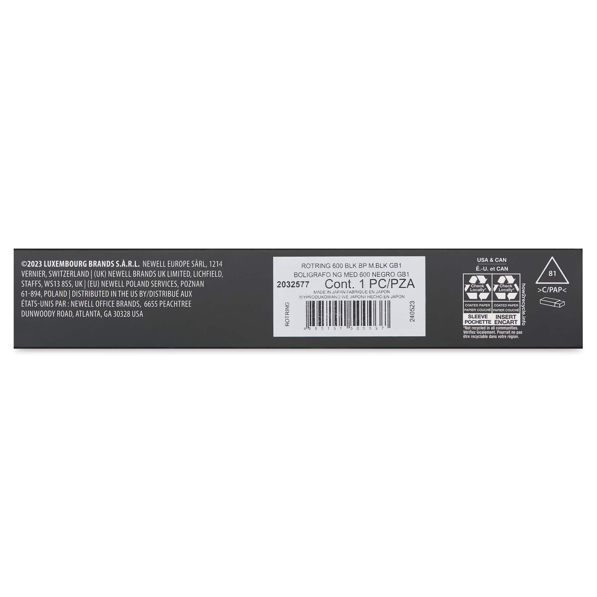 Rotring 600 Ballpoint Pen - Black, Medium Tip, back of the packaging