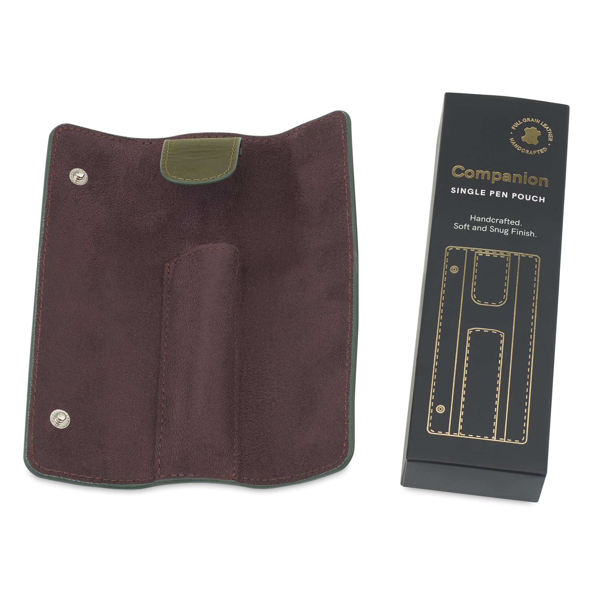 Endless Companion Single Pen Pouch - Green, open next to packaging