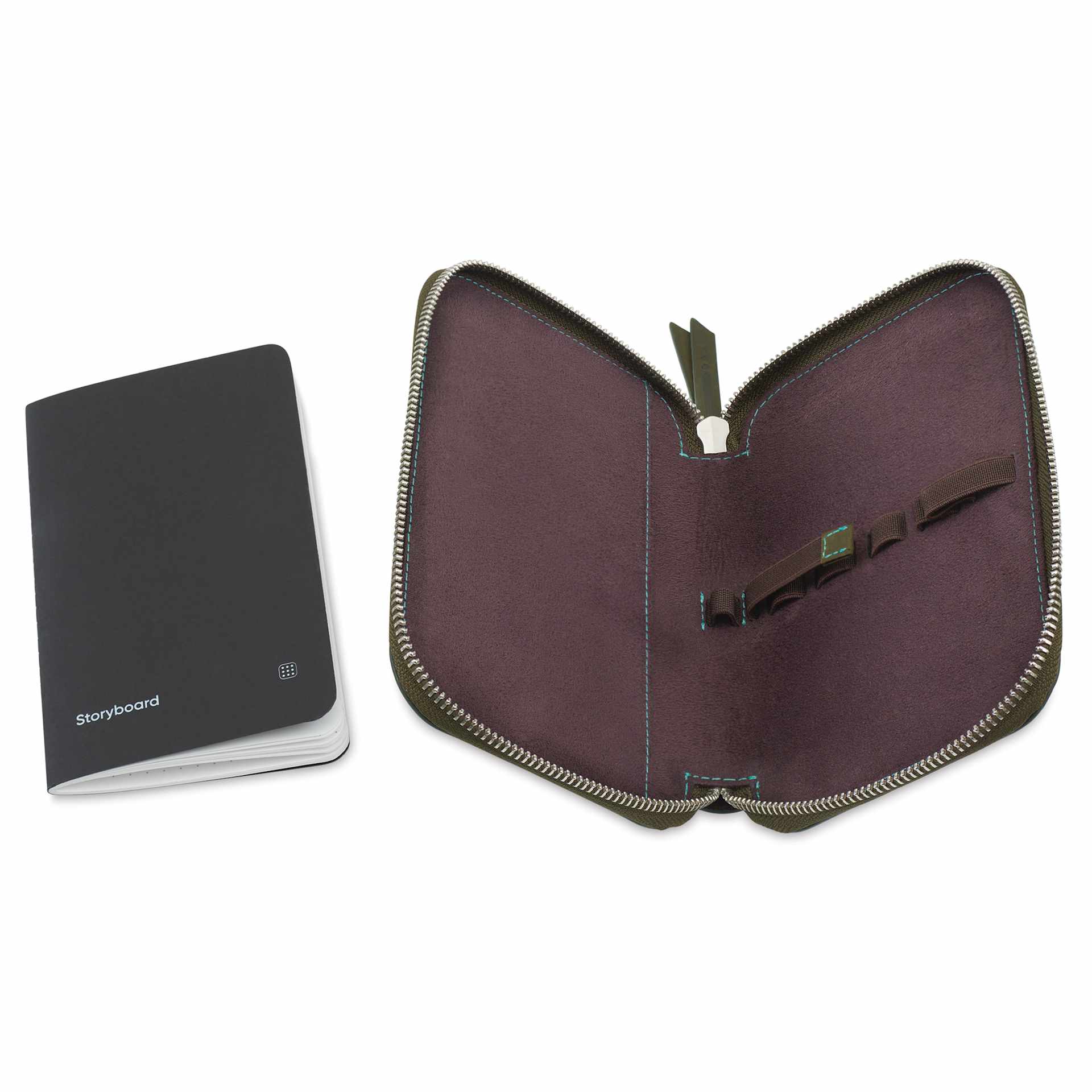 Endless Companion 5 Pen Pouch - Green, pen case open and pocket notebook standing