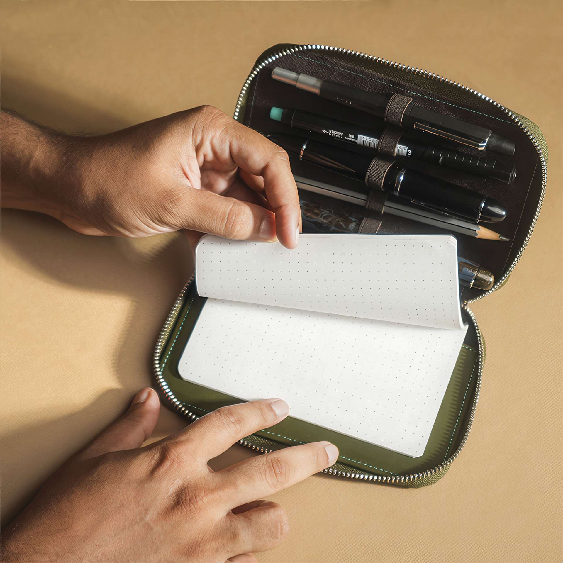 Endless Companion 5 Pen Pouch - Green, in use with pens inside (not inlcuded)
