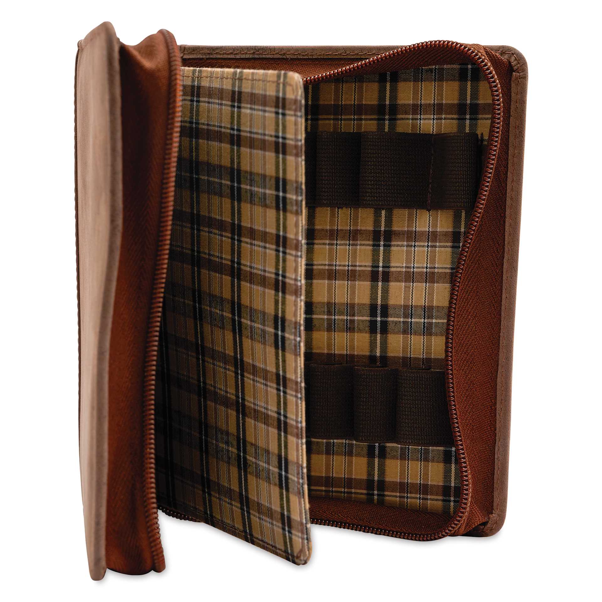 Girologio 12 Leather Pen Zip Case - Bomber Brown, open showing compartments