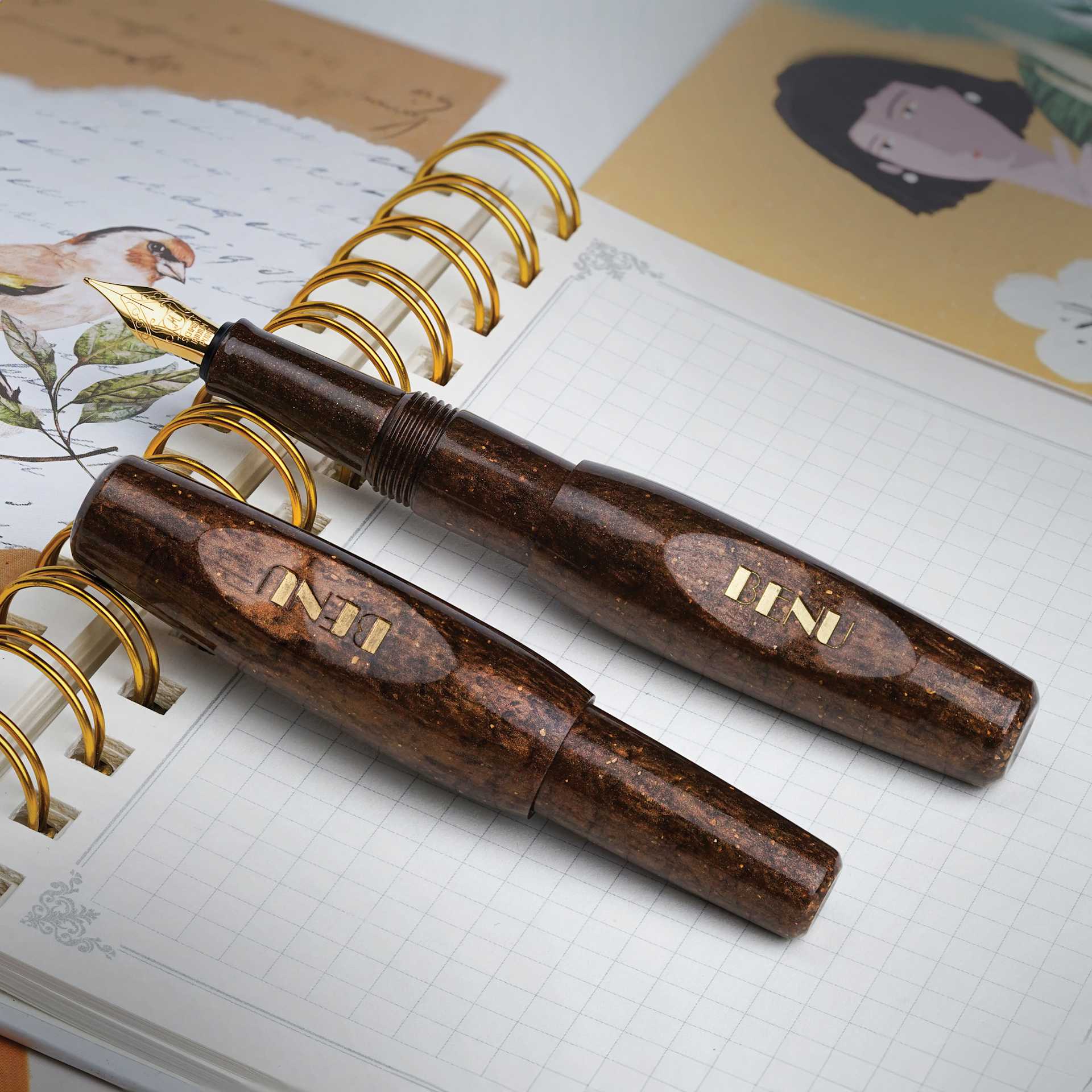Benu Pixie Fountain Pen - Coffee Brown, two pens laid out (image may show a different size nib)