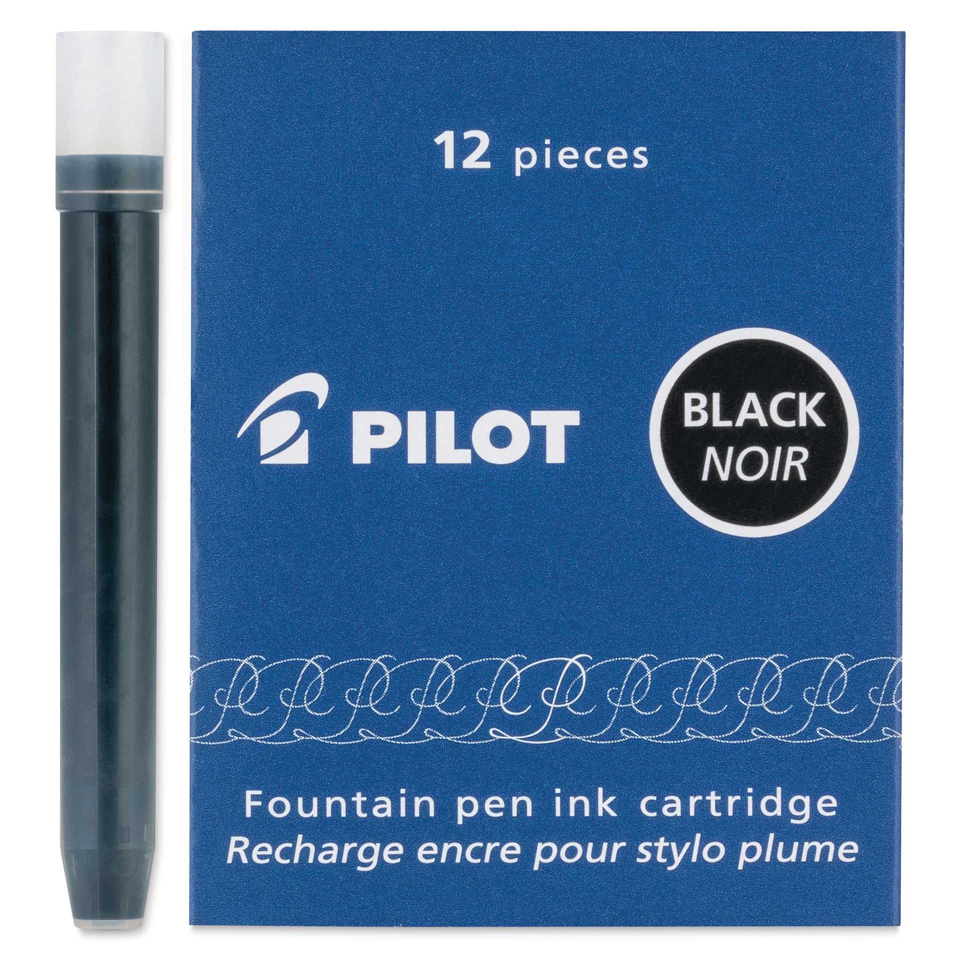 Pilot Fountain Pen Ink Cartridge - Black, Pkg of 12, one cartridge next to the packaging