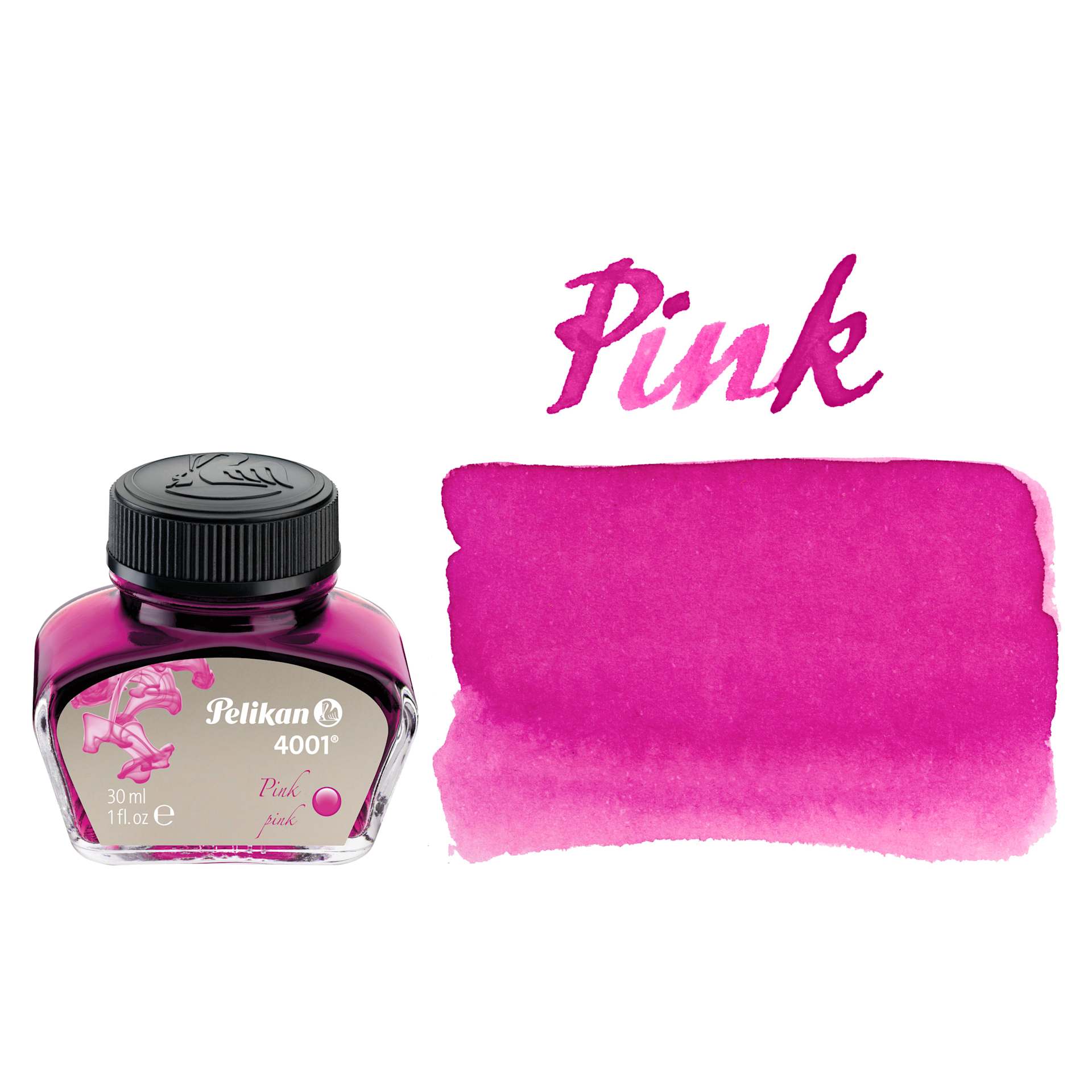 Pelikan 4001 Fountain Pen Ink - Pink, bottle and swatch