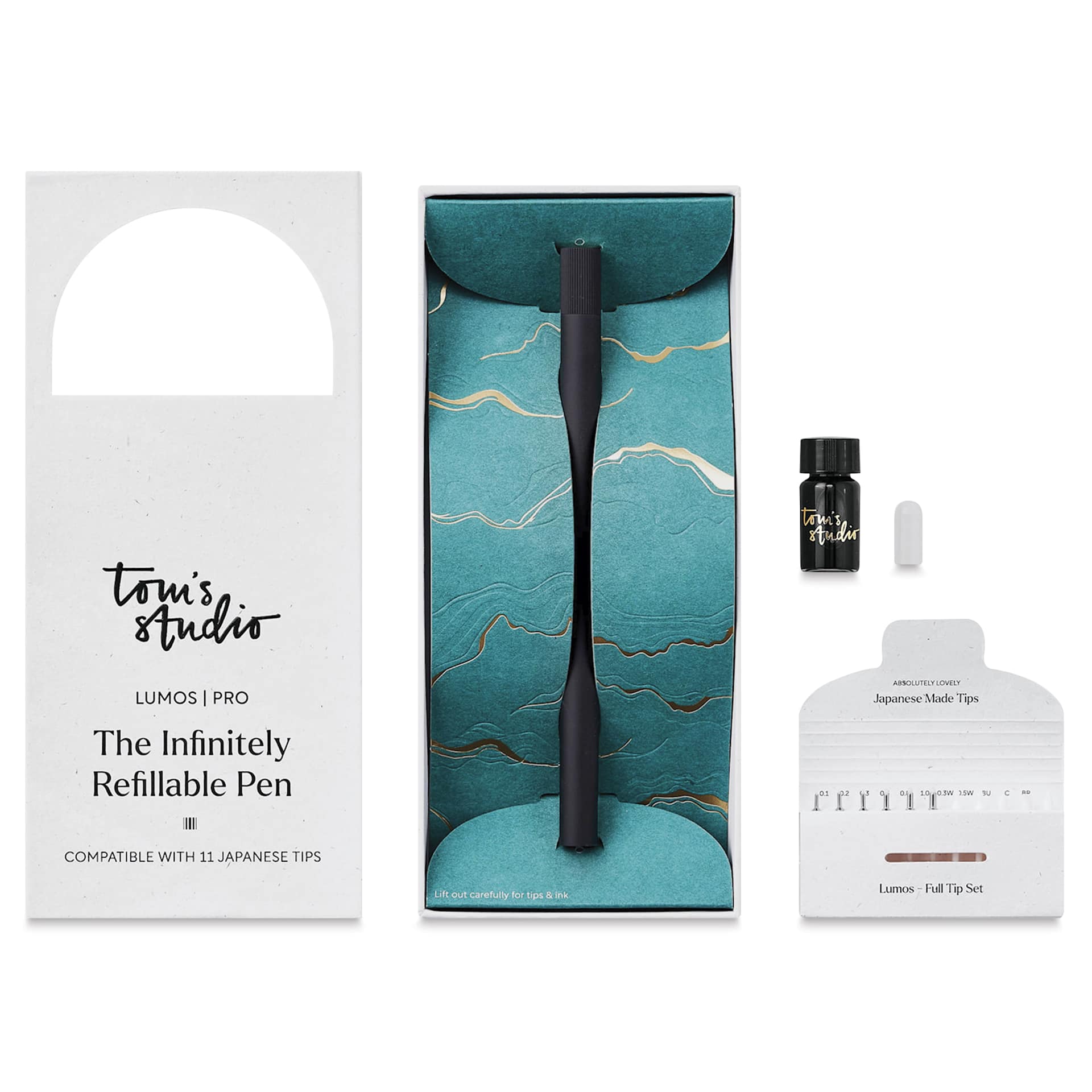 Tom's Studio Lumos Pro Refillable Single Tip Pen - Matte Black, pen in packaging and contents laid out