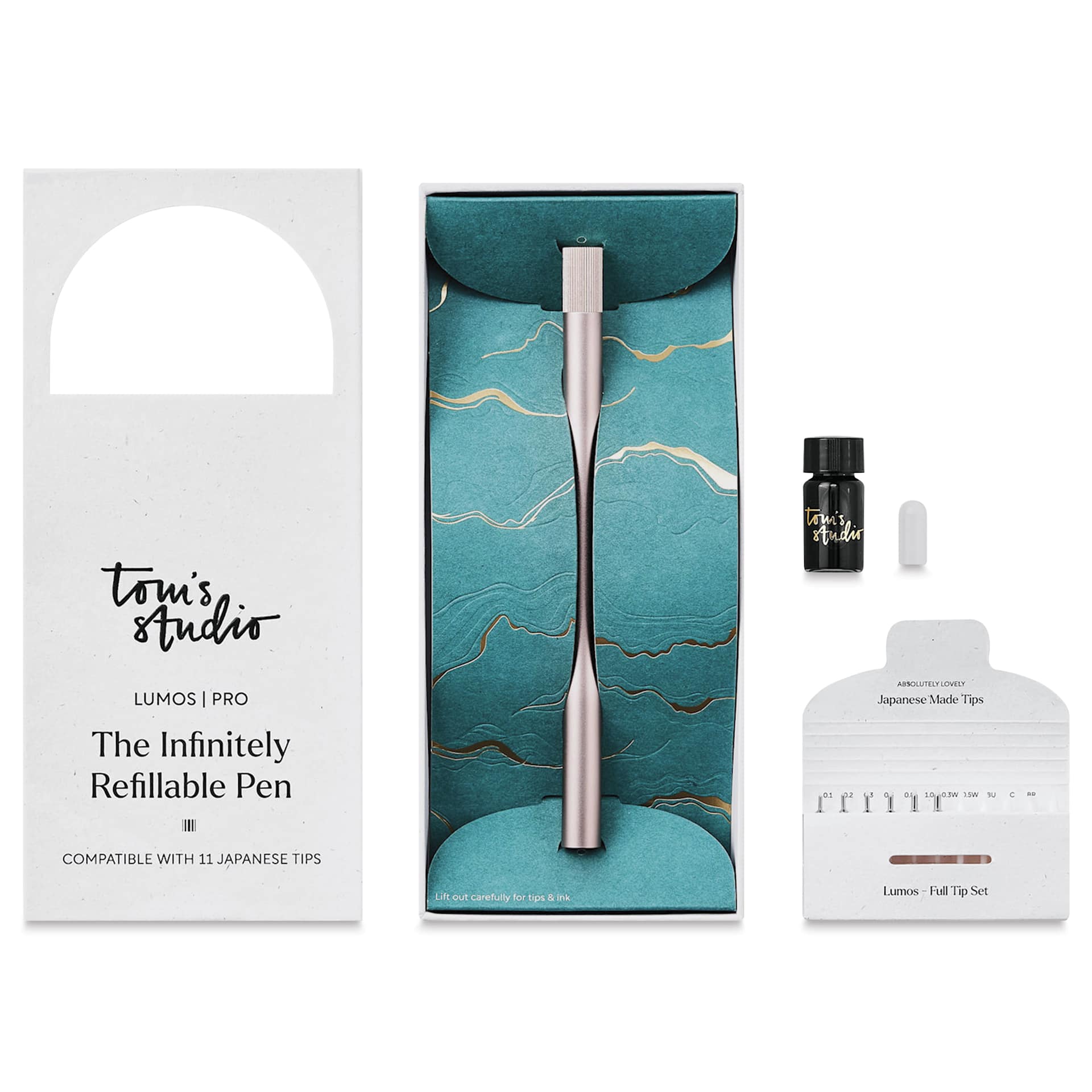 Tom's Studio Lumos Pro Refillable Single Tip Pen - Rose Gold, pen in packaging and contents laid out