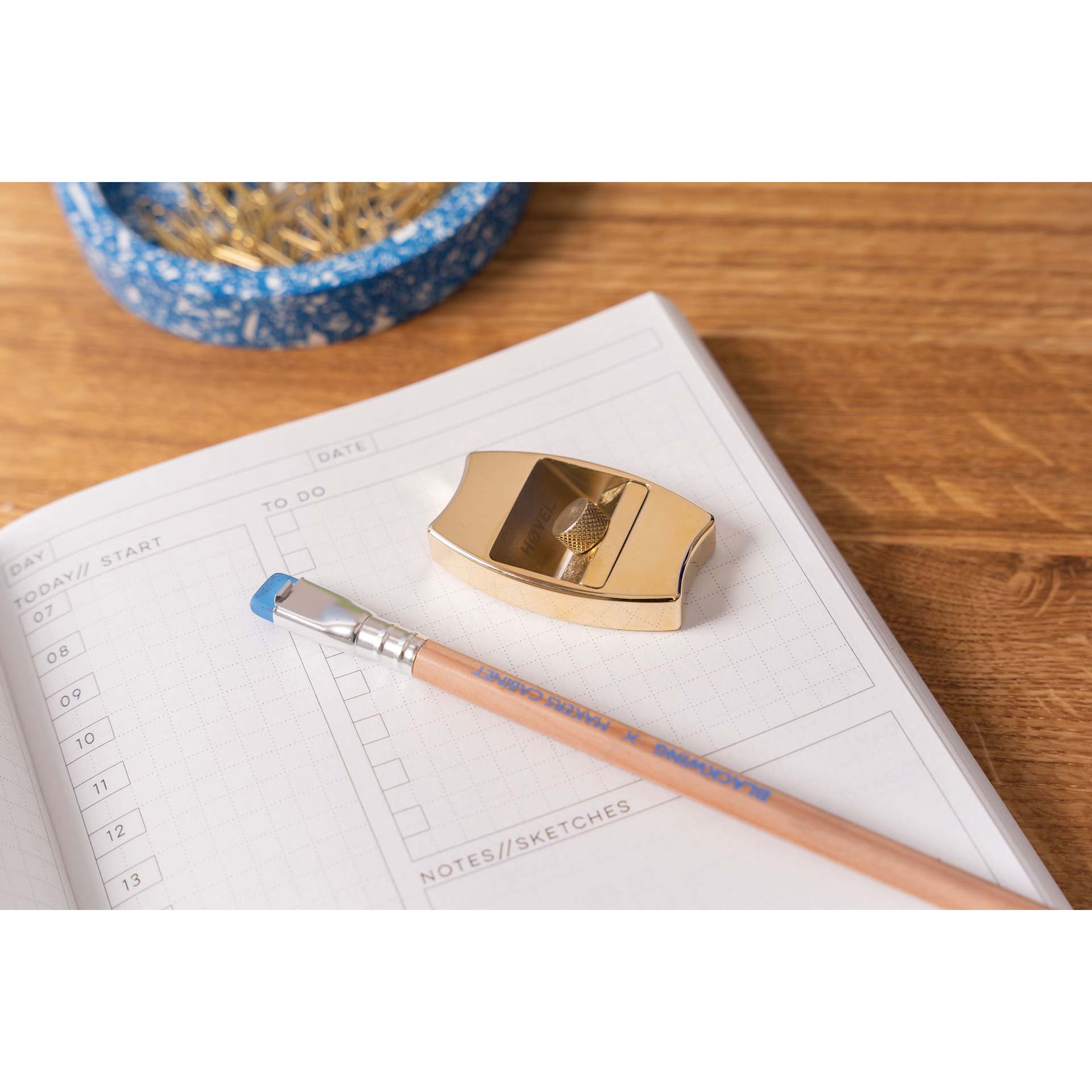 Makers Cabinet Hovel Pencil Sharpener - 3/8" x 2" x 1-1/8", on desk