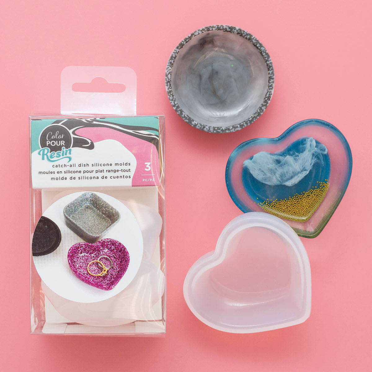 American Crafts Color Pour Catch-All Dish Silicone Molds - Set of 3 (package, heart mold, and finished examples)