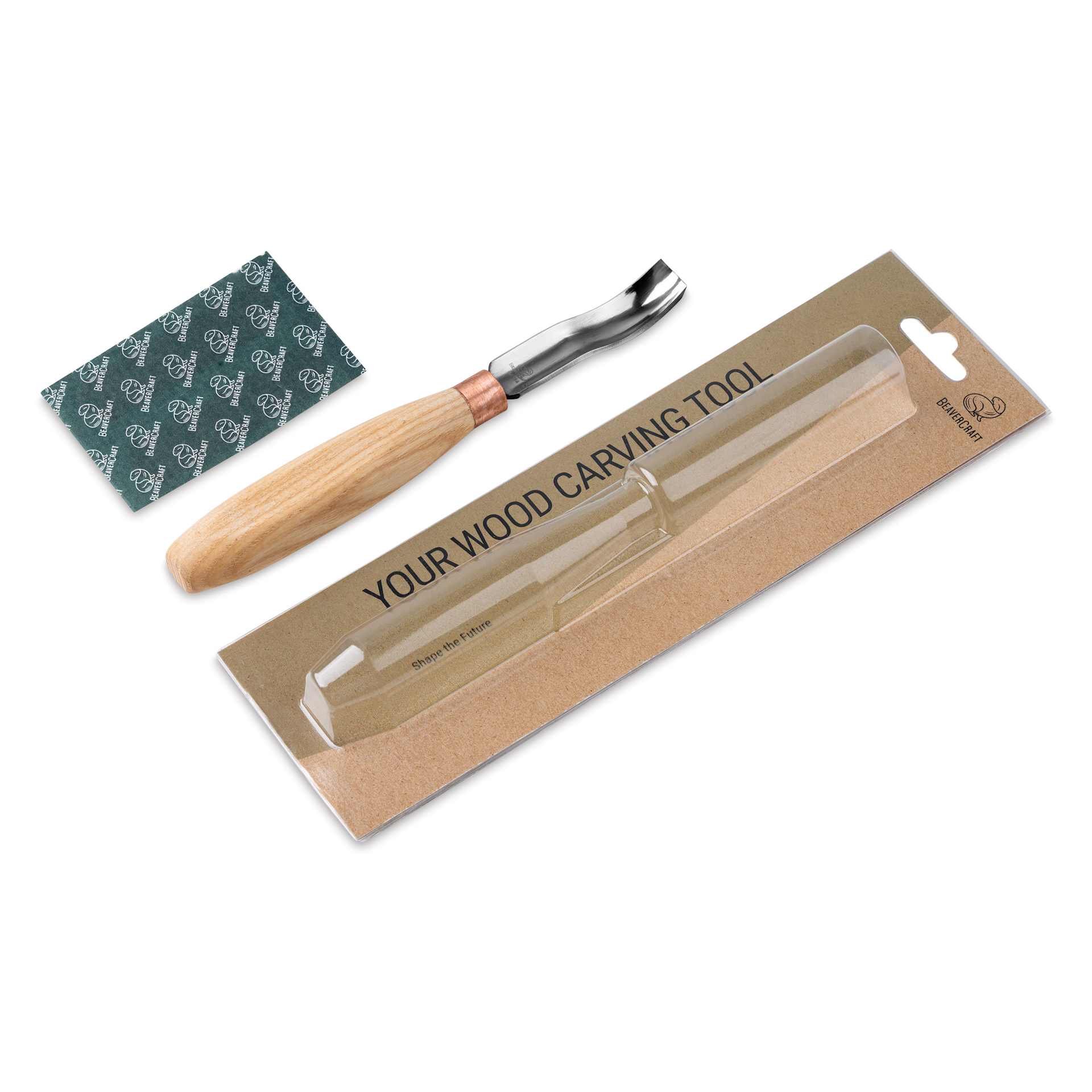 BeaverCraft Compact Short Bent Wood Carving Gouge - 3.15" Blade contents with packaging