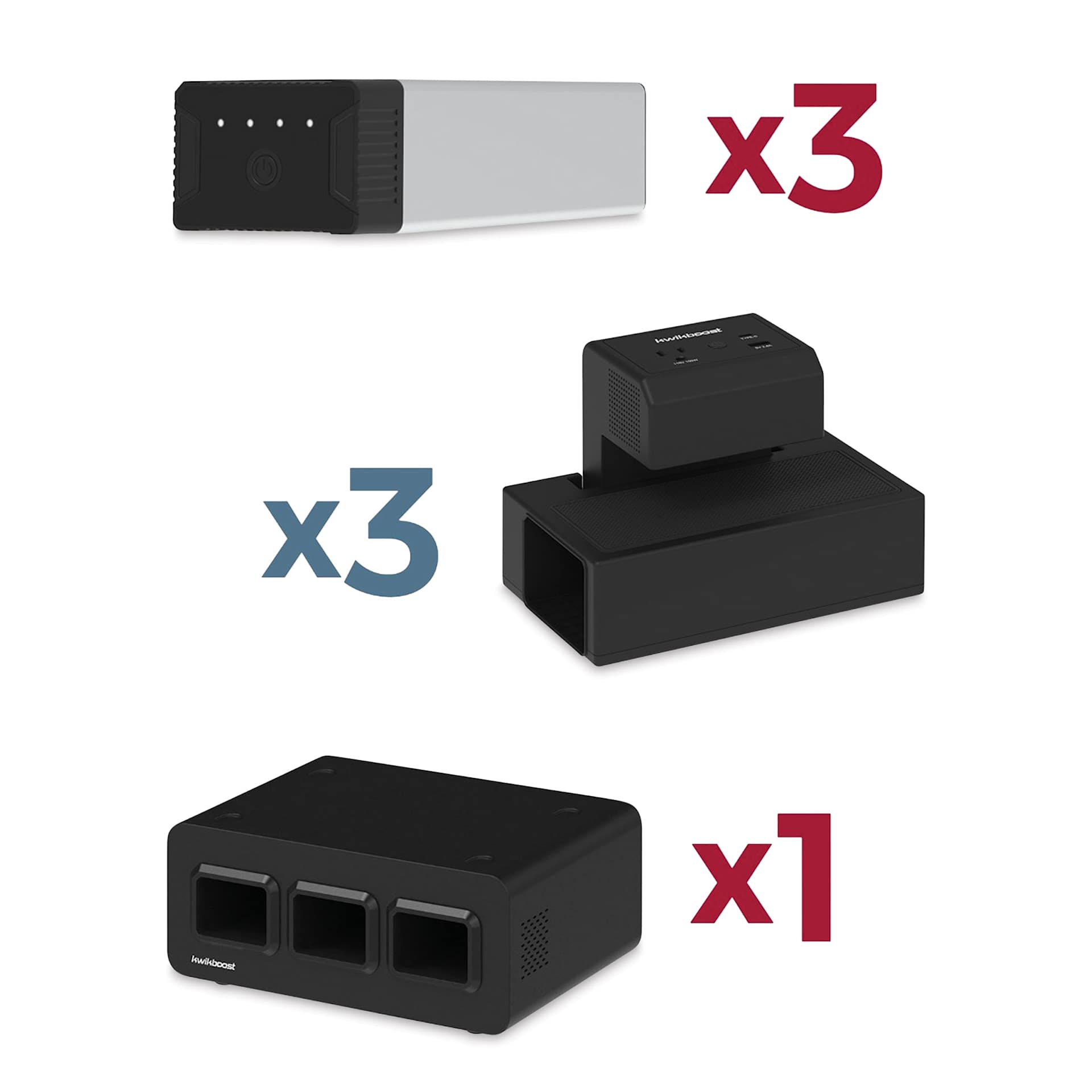 KwikBoost EdgePower Desktop Charging Station System - Light Use Set, quantities of components.